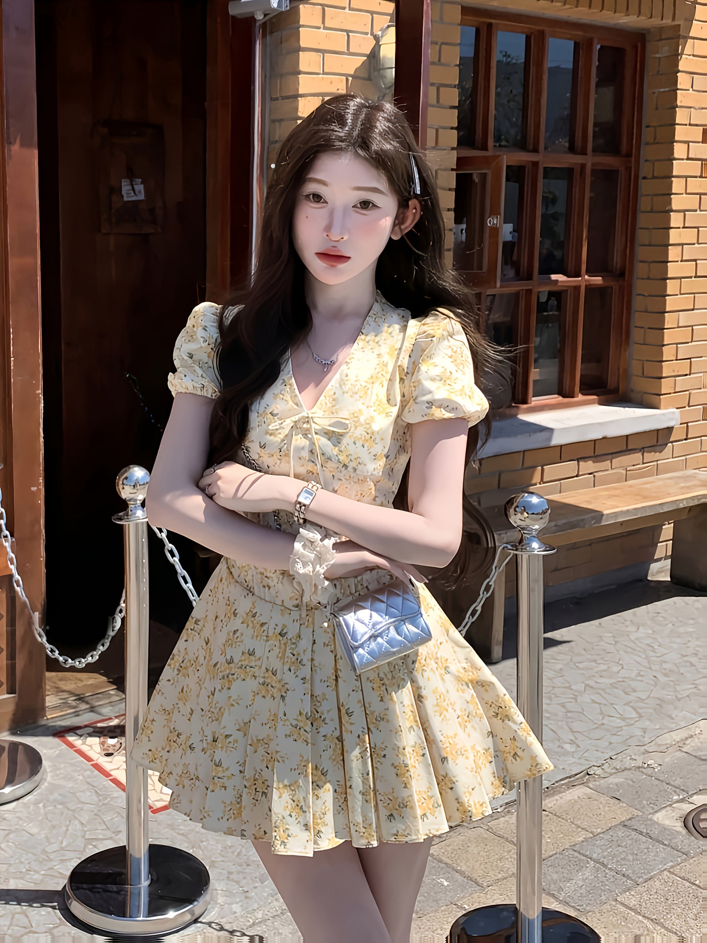 Women's Light Yellow Floral - V-Neck with Adjustable Waist Tie, A-Line Flared Skirt, Machine Washable Party & Everyday Dress for Brunch, Office, Formal Events - Non-See-Through Fabric, Elegant Skirts And Tops, Brunch Attire