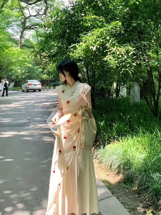 New Chinese Style Cheongsam Dress with Cherry Print