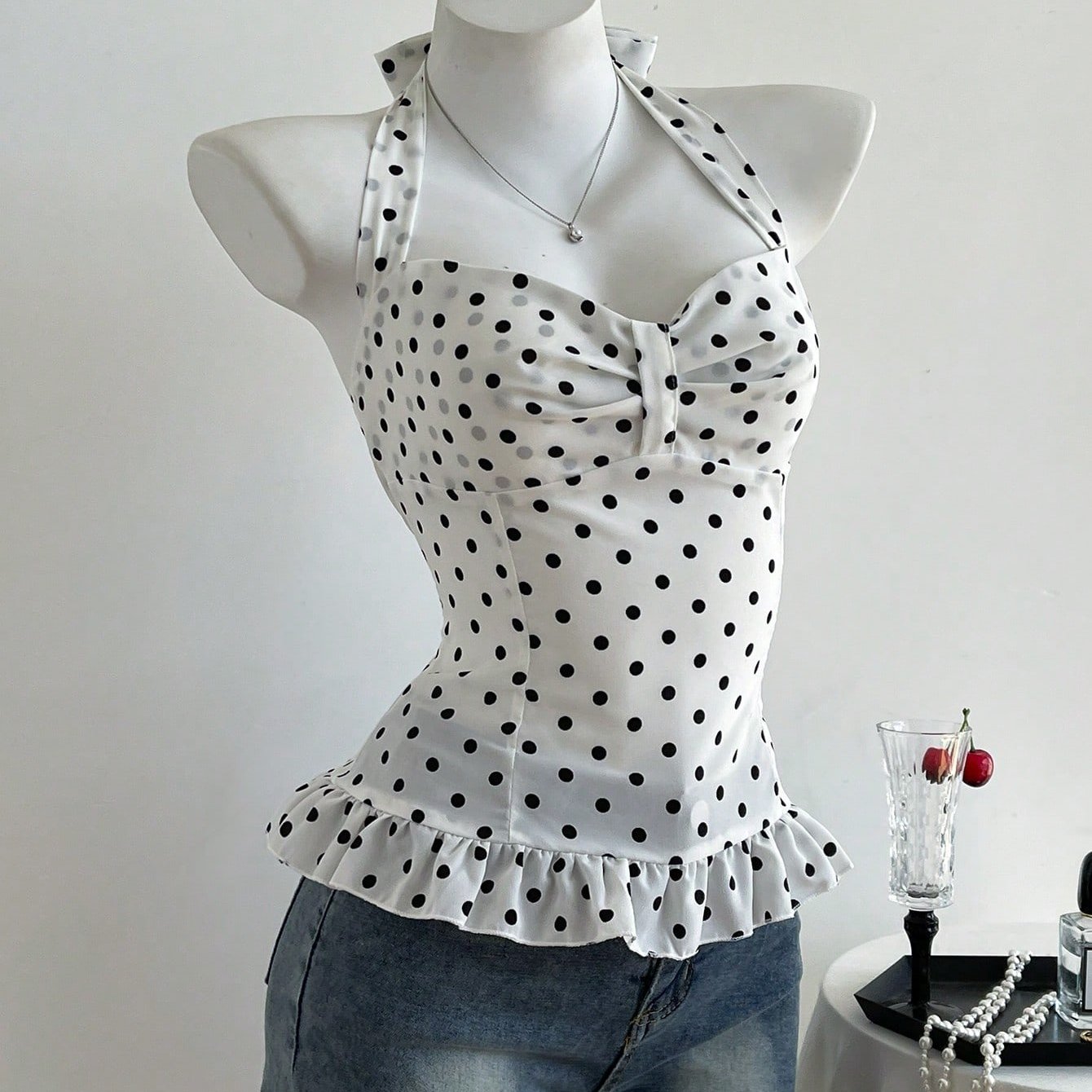 Black & White Contrast Women's Summer Halter Top with Polka Dots & Ruffle Detail - Sleeveless, Asymmetrical Hem, Casual Beachwear, Beachwear Top | Ruffle Detail Top | Stretchy Fabric