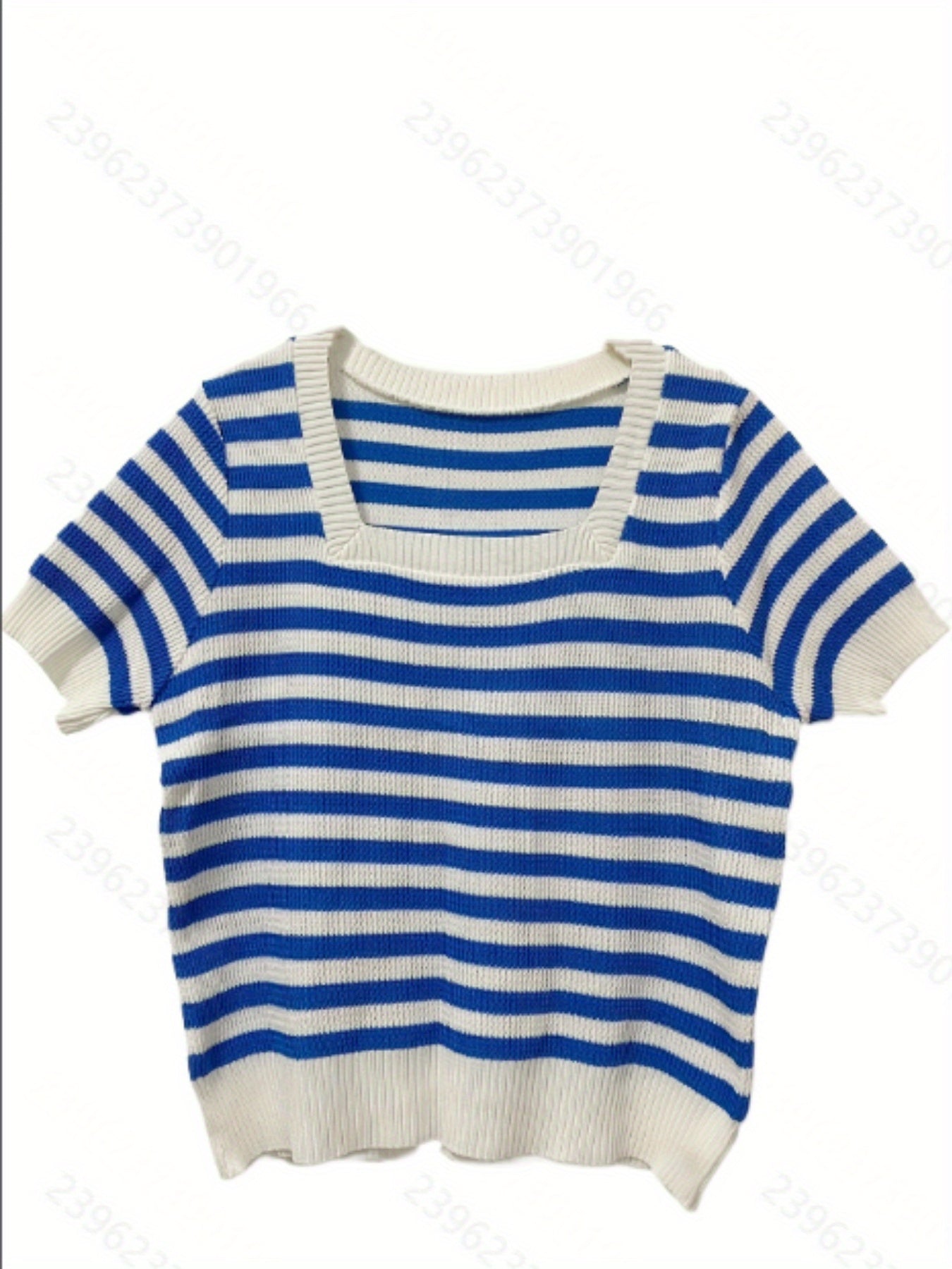 Striped Pattern Square Neck Top, Spring Summer Casual Short Sleeve Blouse, Women's Clothing