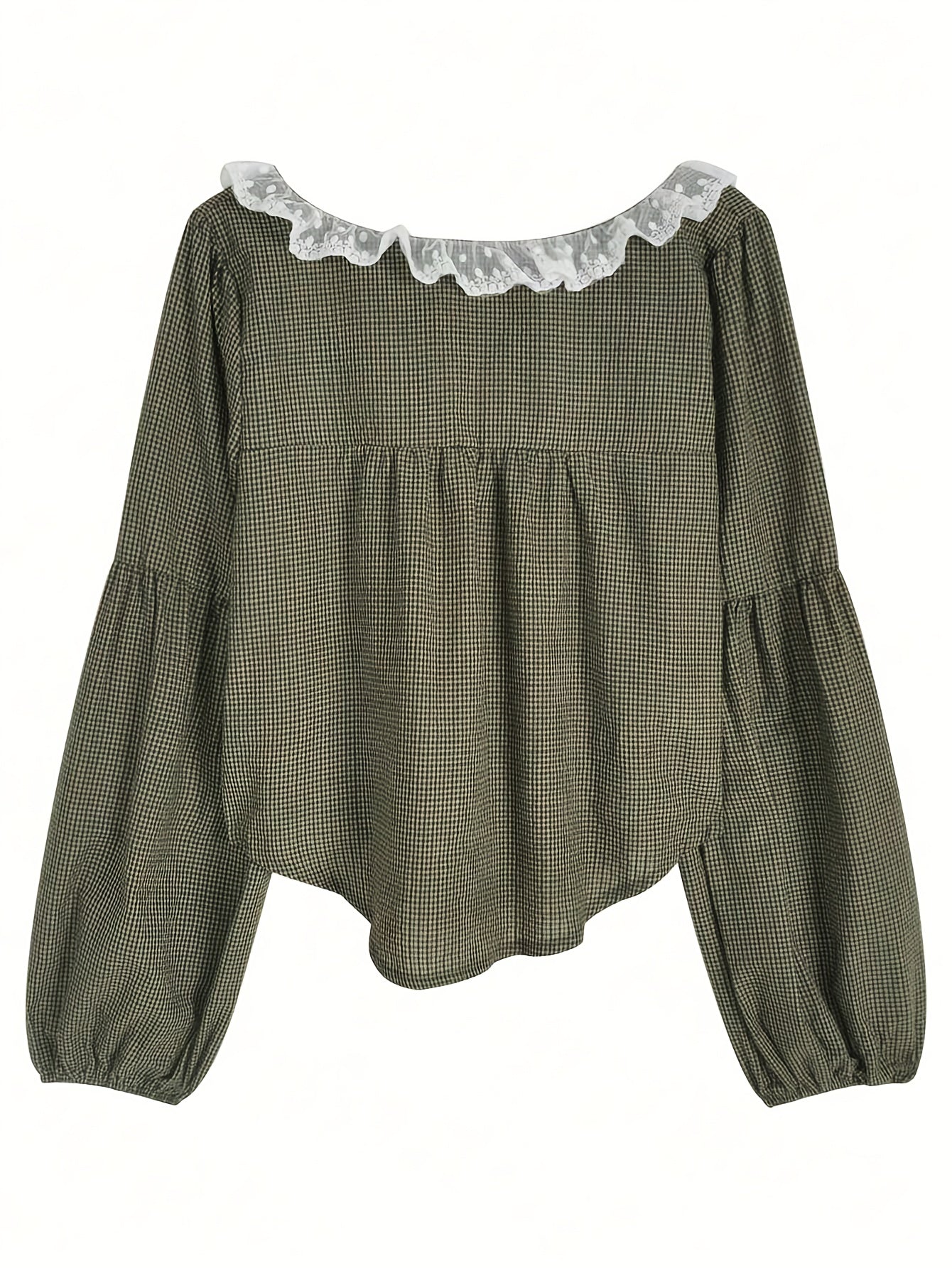 Vintage Plaid Square Neck Top with Sweet Contrast Lace Inserts for Spring, Summer and Autumn Women's Shirt