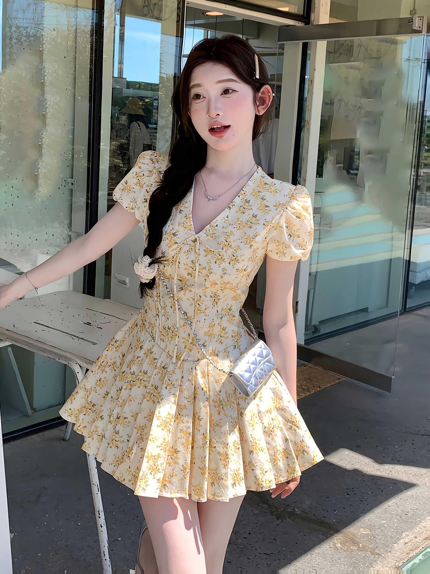Women's Light Yellow Floral - V-Neck with Adjustable Waist Tie, A-Line Flared Skirt, Machine Washable Party & Everyday Dress for Brunch, Office, Formal Events - Non-See-Through Fabric, Elegant Skirts And Tops, Brunch Attire