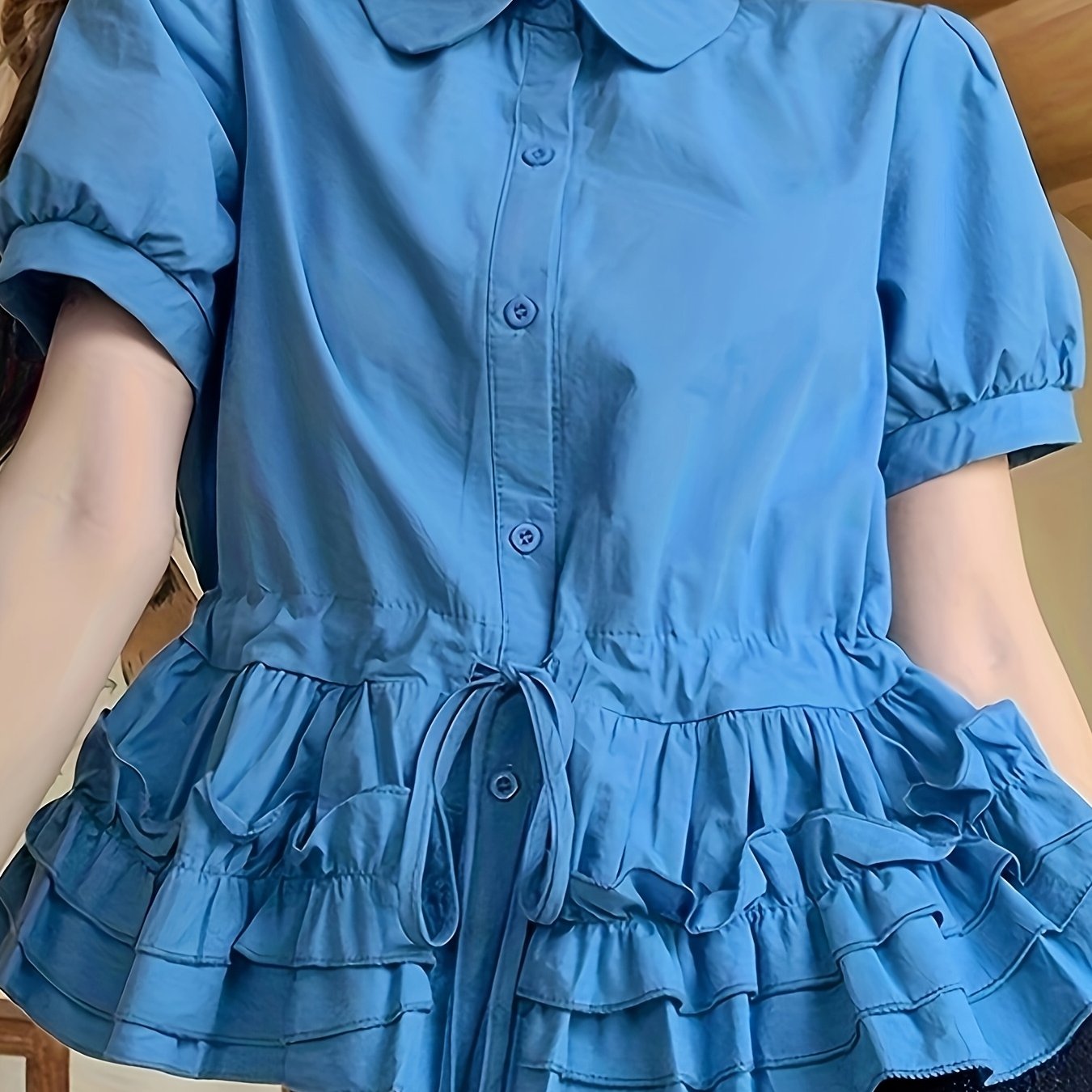1pc Women's Elegant Ruffled Stand Collar Blouse - Slim Fit Short Sleeve Summer Top with Adjustable Drawstring Waist, Solid Color Casual to Formal Shirt, Everyday Stylish Wear, Smooth Texture Fabric, Quality Casualwear