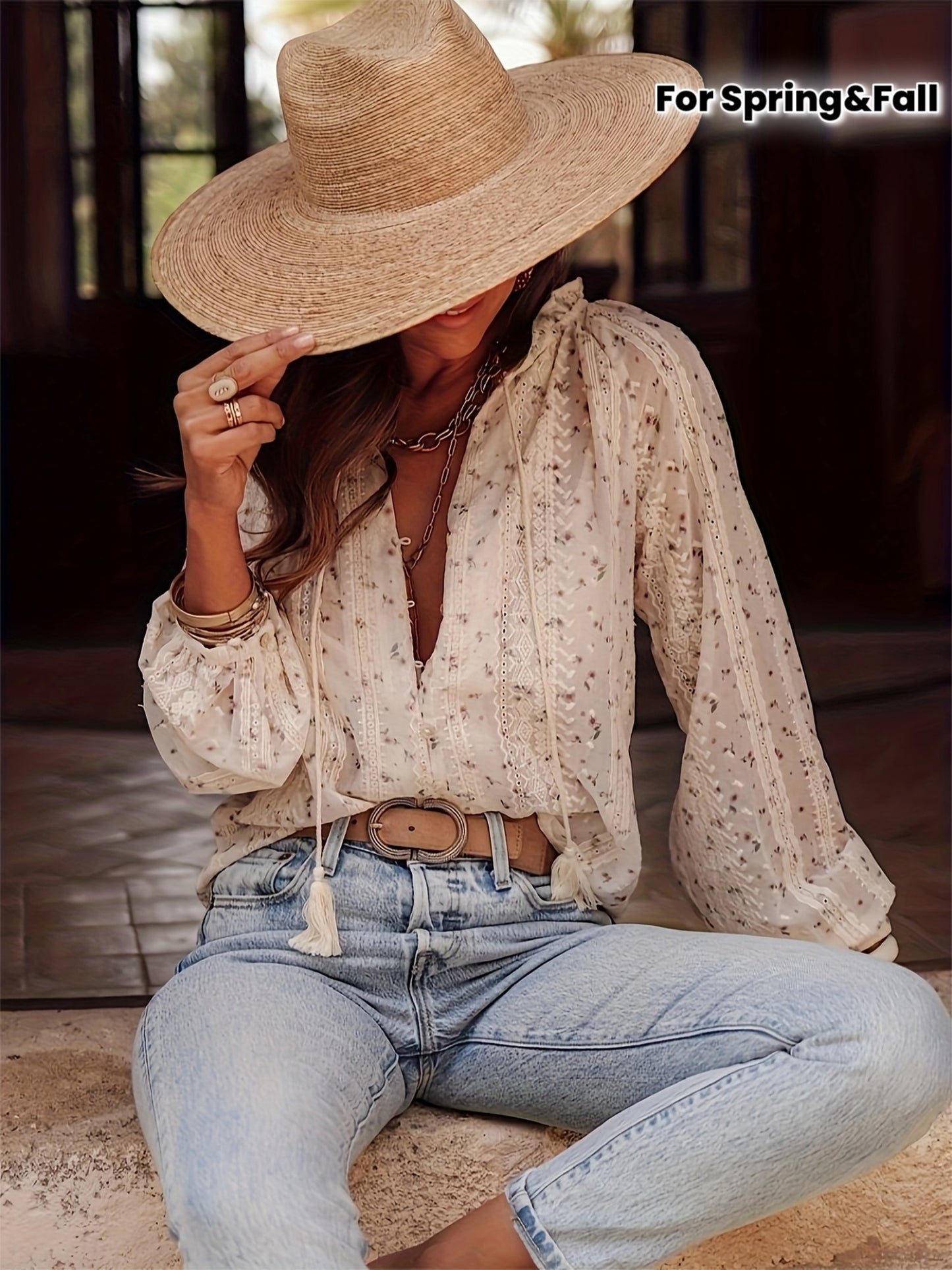 Women's Bohemian Floral Print Shirt Blouse - Elegant Round Neck Long Sleeve Non-Stretch Blouse with White & Beige Large Flower Pattern, Casual to Formal Wear for Spring\u002FFall, Hand Wash\u002FDry Clean, Boho Chic Top for Weddings & Festivals