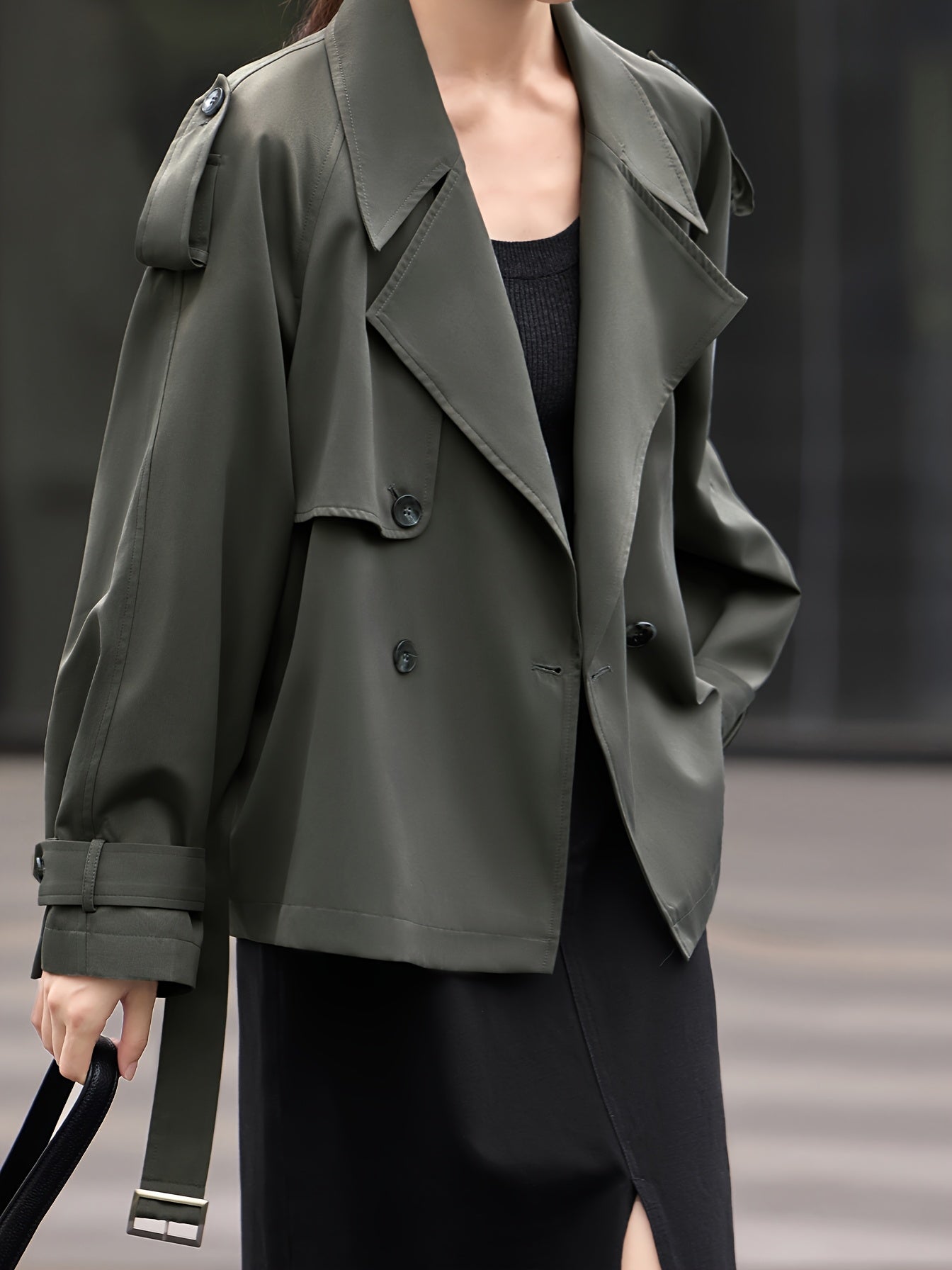 XWI Women's Chic Short Trench Coat - Relaxed Fit British Style, Green Polyester Jacket with Pockets, Casual Elegance for Spring Outfits