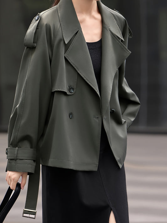 XWI Women's Chic Short Trench Coat - Relaxed Fit British Style, Green Polyester Jacket with Pockets, Casual Elegance for Spring Outfits