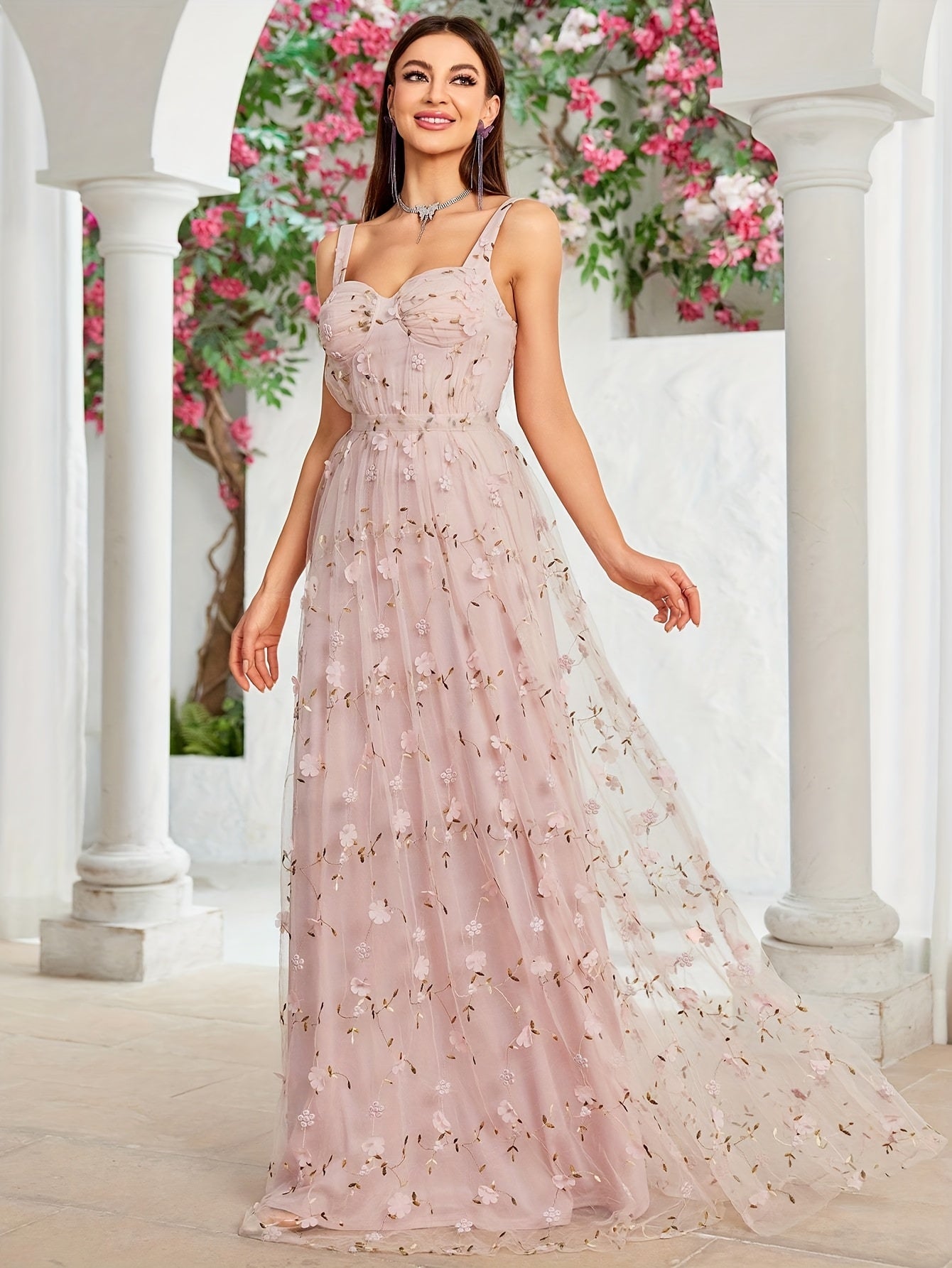 Women's Elegant Off-Shoulder 3D Floral Embroidery Dress with Lace Panels, Waist Folds & Flared A-Line Long Skirt - Hand Wash Only, All-Season Formal & Casual Wear, Special Occasion Gown, Sophisticated Style, Highquality Embroidery