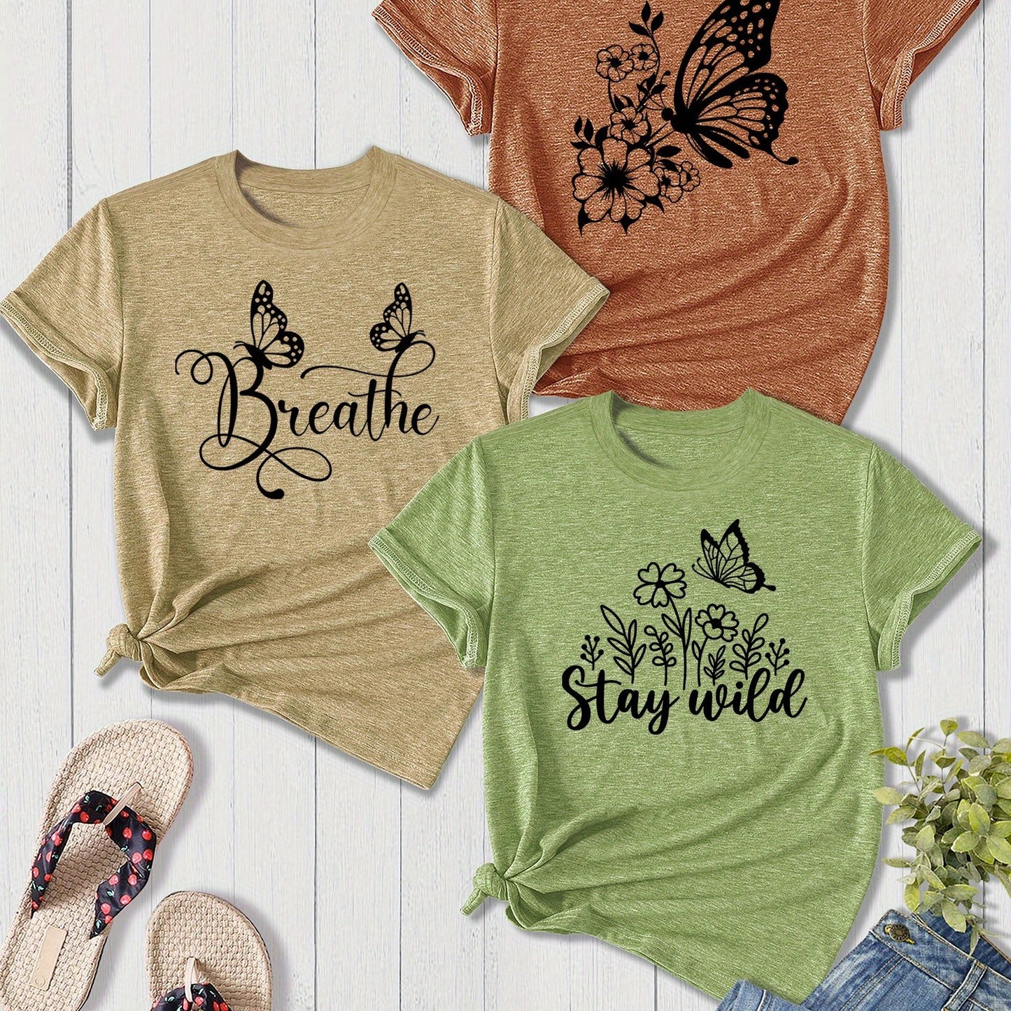 3-Pack Women'S Sister Family Clothing Summer Refreshing Day Retro Simple Elegant Butterfly Flower English Alphabet Printing Sports T-Shirt, Casual Crew Neck Short-Sleeved Top, Shot Polyester Blend, Perfect Choice for Gifts, Summer And Spring Clothing
