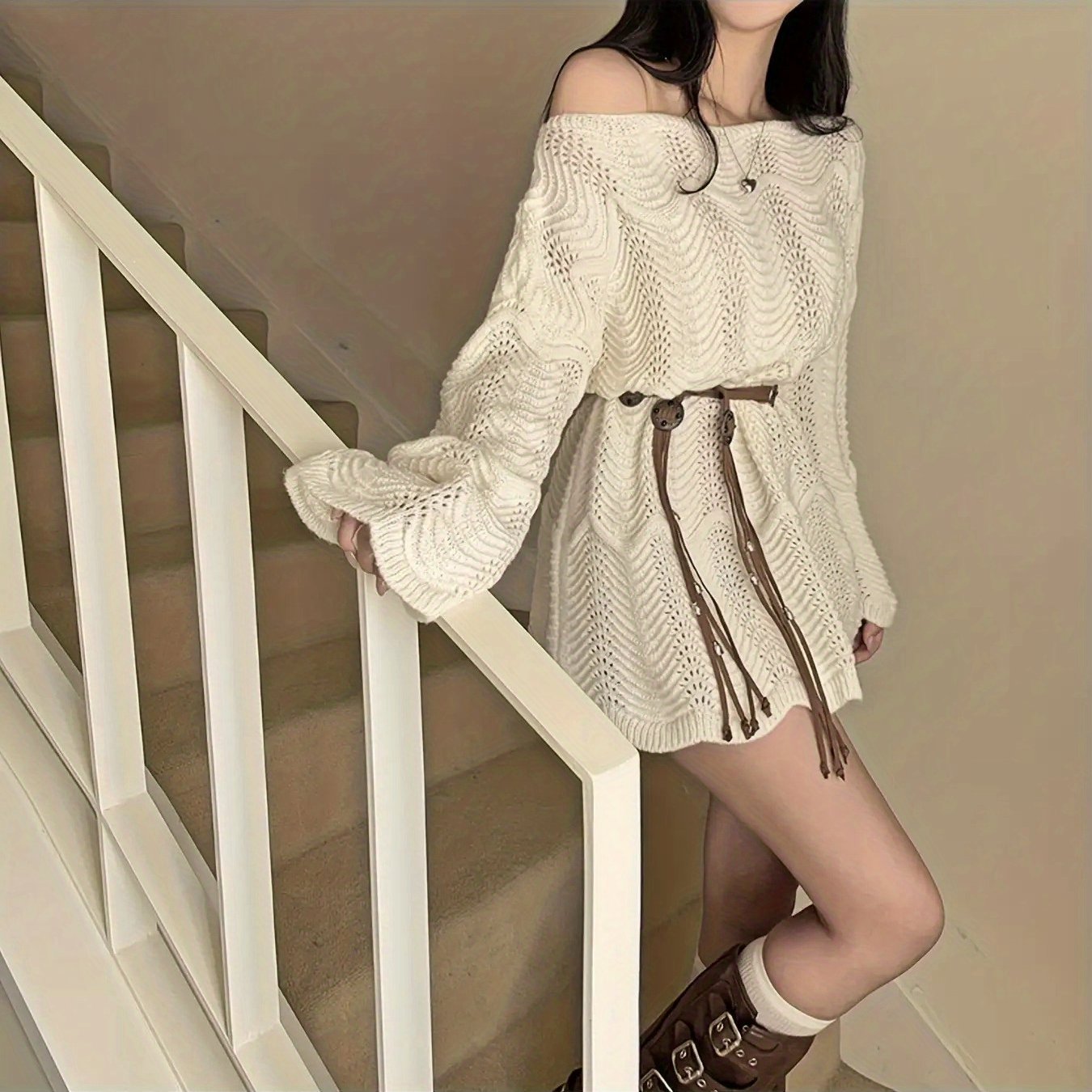 Women's Asymmetric Shoulder Design Loose Versatile Dress with Belt TJ22729
