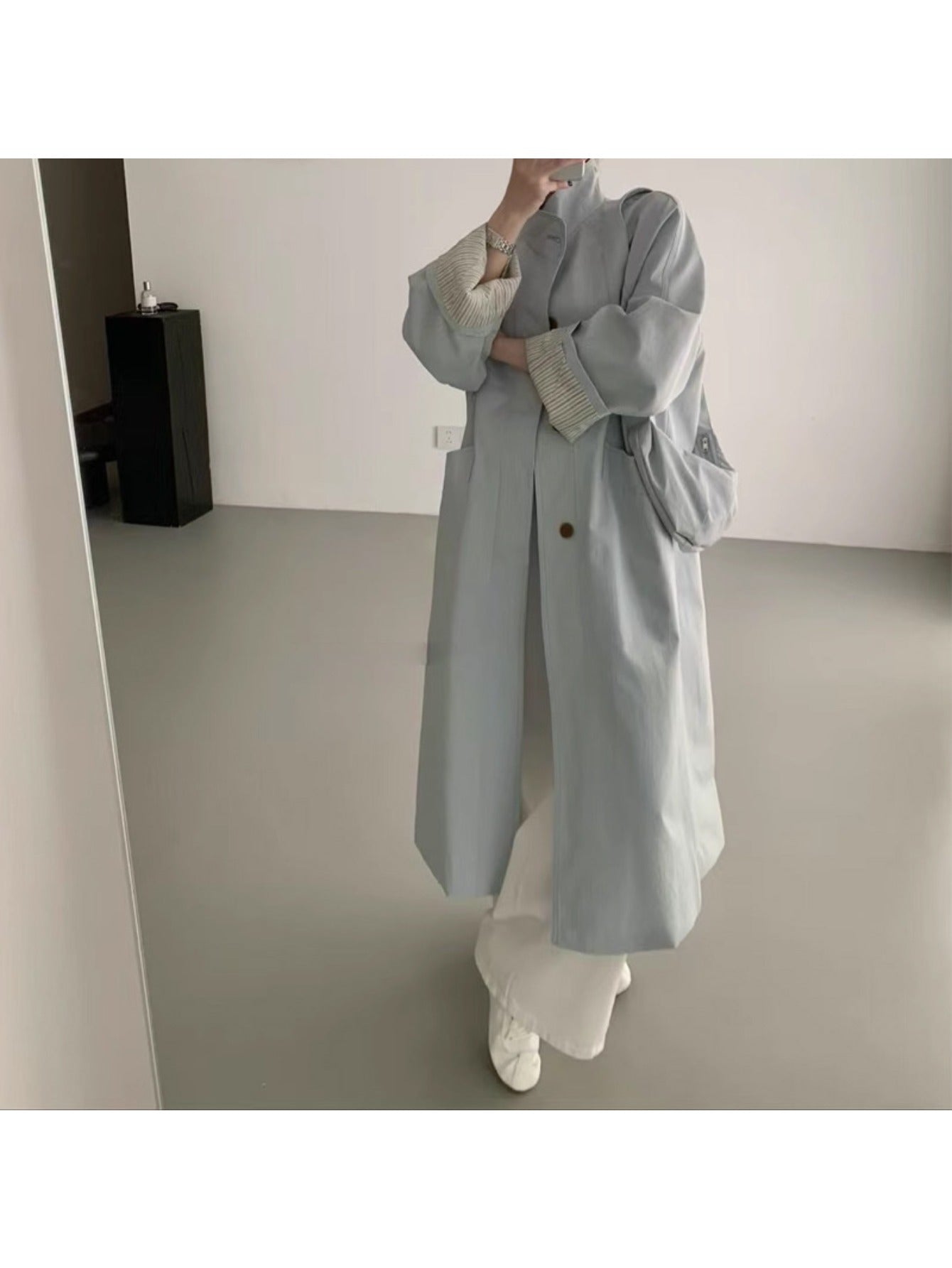 Women's Korean-Style Oversized Trench Coat - Beige with Dark Brown Button Closure, Belt-Accent Collar, All-Season Long Coat for Petite & Short Women, Casual to Professional Wear (Hand Washable, 2025 New Model) by Ding Darwin