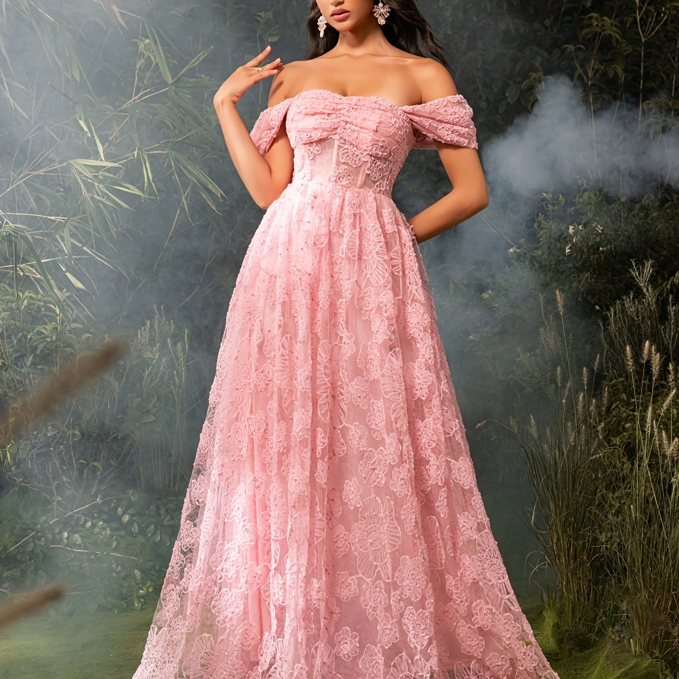 Elegant Off-Shoulder Pink Floral Mesh Gown with Ruffled Sleeves and Train - Perfect for Weddings, Parties, and Formal Events, Formal Event Dress | Offshoulder Dress | Polyester Fabric