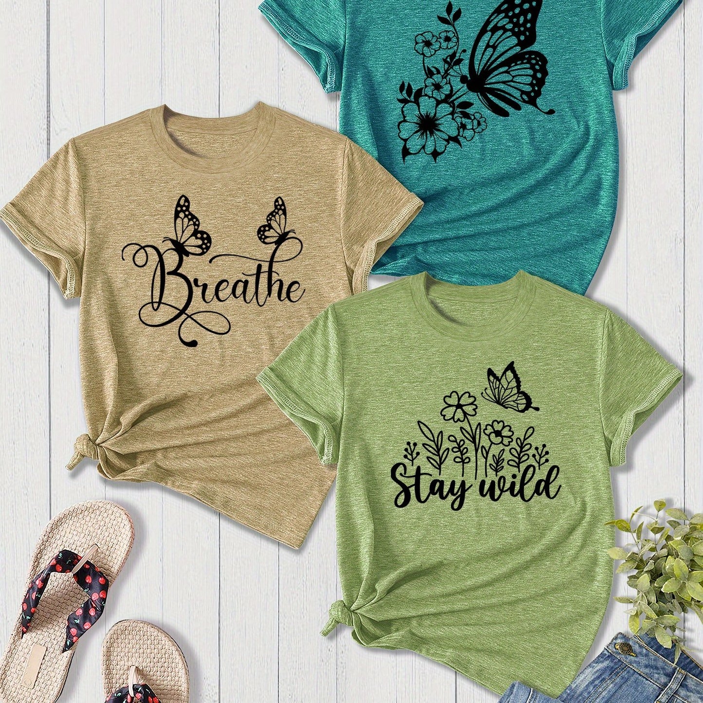 3-Pack Women'S Sister Family Clothing Summer Refreshing Day Retro Simple Elegant Butterfly Flower English Alphabet Printing Sports T-Shirt, Casual Crew Neck Short-Sleeved Top, Shot Polyester Blend, Perfect Choice for Gifts, Summer And Spring Clothing
