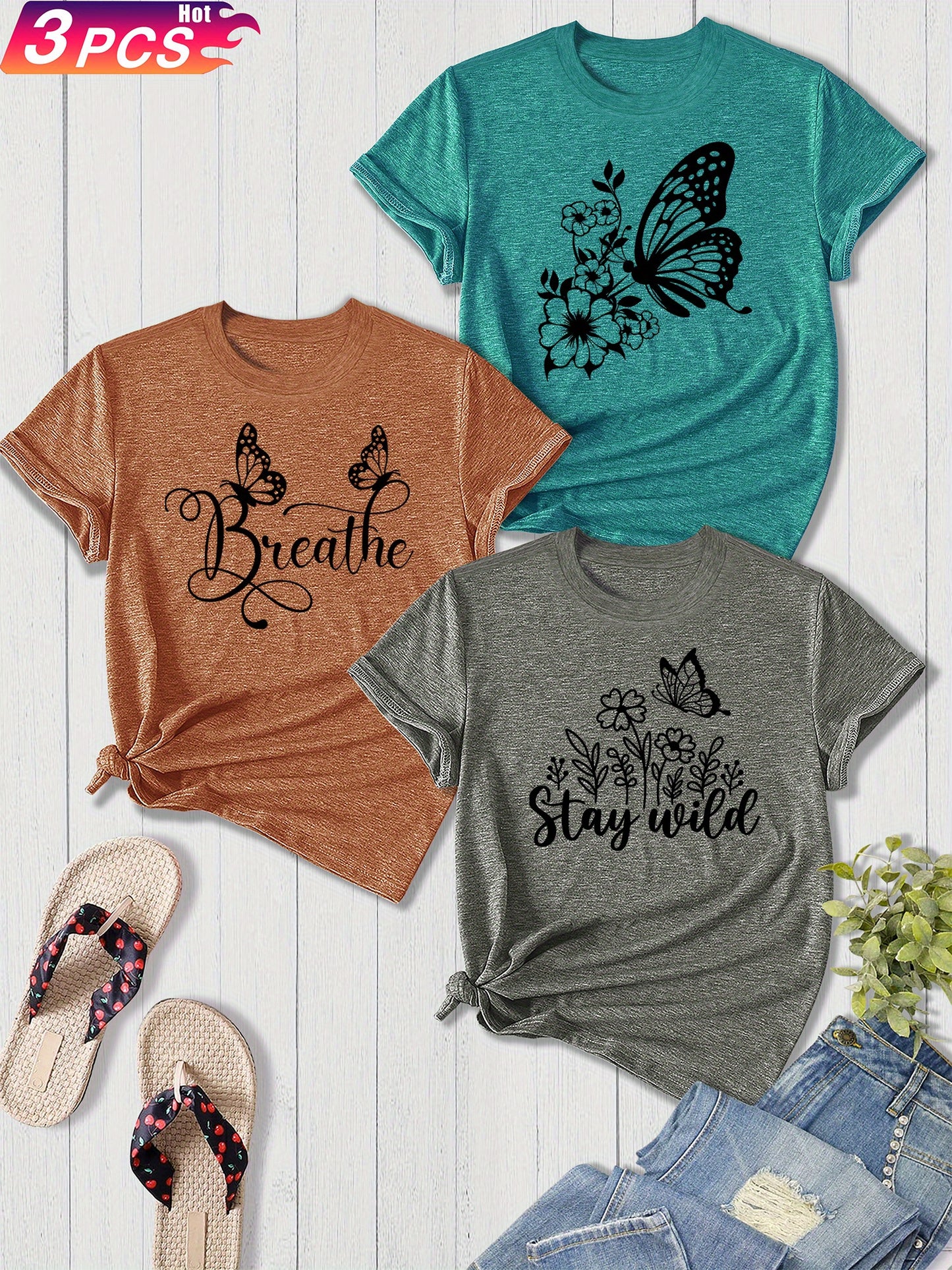 3-Pack Women'S Sister Family Clothing Summer Refreshing Day Retro Simple Elegant Butterfly Flower English Alphabet Printing Sports T-Shirt, Casual Crew Neck Short-Sleeved Top, Shot Polyester Blend, Perfect Choice for Gifts, Summer And Spring Clothing