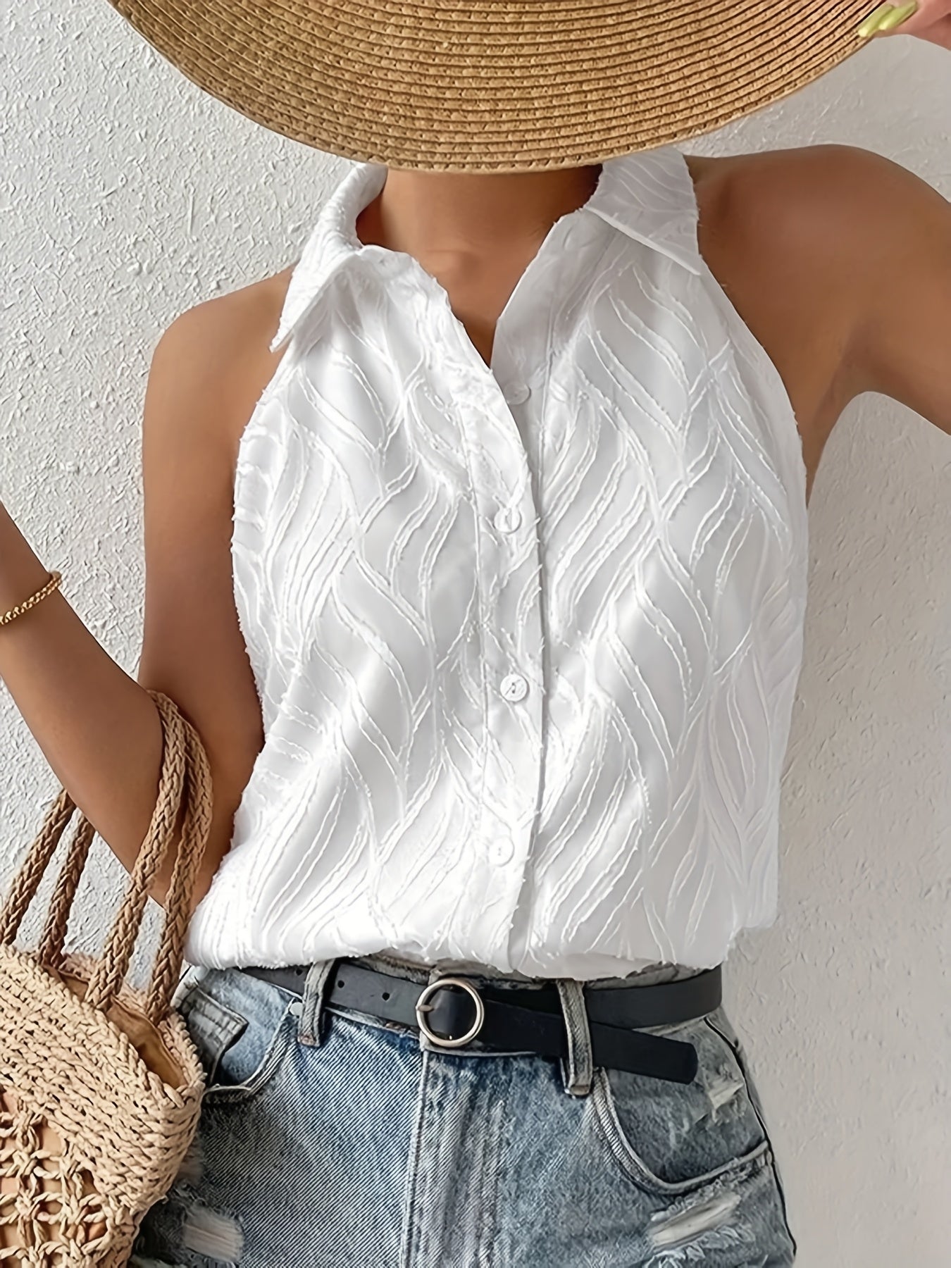 Elegant Women's Sleeveless Button-Up Blouse - Textured Solid Color White Collar, Lightweight Polyester, Machine Washable, Perfect for Summer Casual Wear, Ladies Blouses, Versatile Fashion | Collared Shirt | Glossy Texture