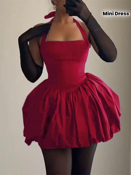 Elegant Halter Neck Dress Elegant Red Halter Neck Mini Dress | Asymmetrical Hem, Ruffled Waist, Sleeveless - Polyester, Solid Color, Spring\u002FSummer\u002FFall Fashion, Women's Attire