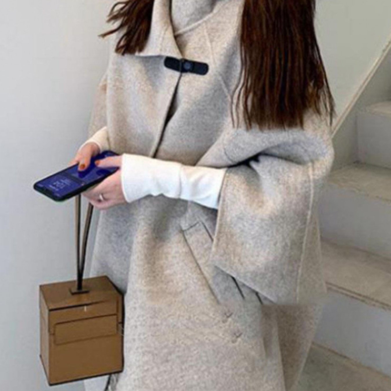 Women's Japanese Korean Style Cape Coat - Elegant Mid-Length Winter Coat with Hood-like Collar, Long Sleeve Korean Hanbok-Inspired Outerwear, Pockets & Smooth- (No Padding) for Fall & Winter, Casual to Formal Events (Hand Wash\u002FDry