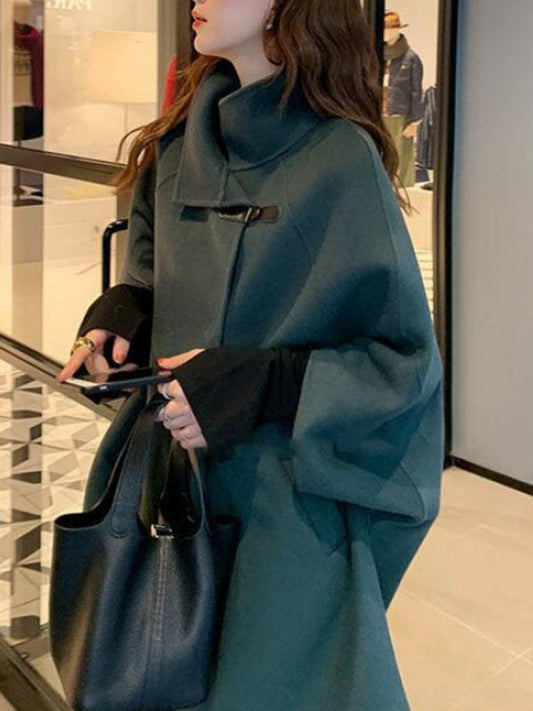 Women's Japanese Korean Style Cape Coat - Elegant Mid-Length Winter Coat with Hood-like Collar, Long Sleeve Korean Hanbok-Inspired Outerwear, Pockets & Smooth- (No Padding) for Fall & Winter, Casual to Formal Events (Hand Wash\u002FDry