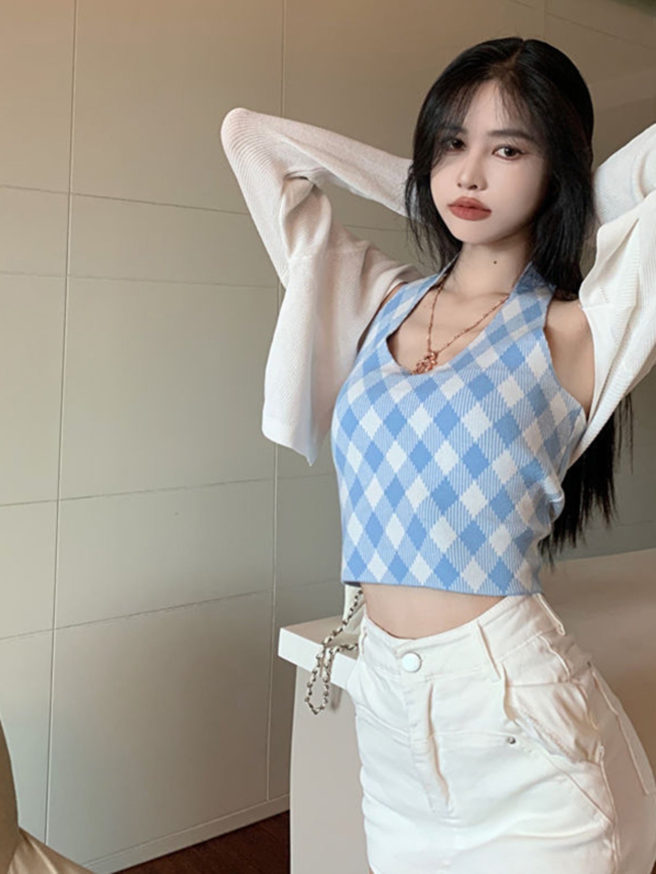 Women's Red and White Gingham Halter Crop Top - Sleeveless, Backless, Asymmetrical Cut, Summer Streetwear Tank Top, Ladies Tank Tops