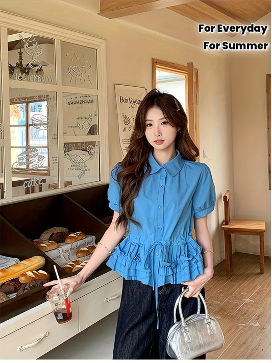 1pc Women's Elegant Ruffled Stand Collar Blouse - Slim Fit Short Sleeve Summer Top with Adjustable Drawstring Waist, Solid Color Casual to Formal Shirt, Everyday Stylish Wear, Smooth Texture Fabric, Quality Casualwear