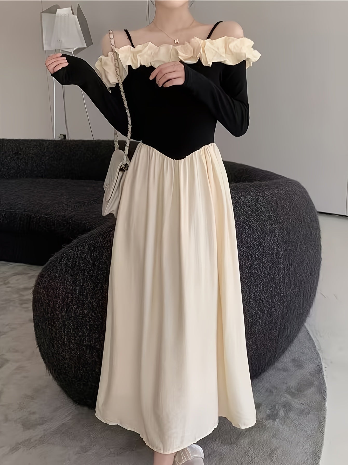 Cute Polyester Dress Polyester Off-the-Shoulder Long Sleeve Dress | Cute Exaggerated Ruffle and Fit and Flare Silhouette - Perfect for Adult Spring\u002FSummer\u002FFall