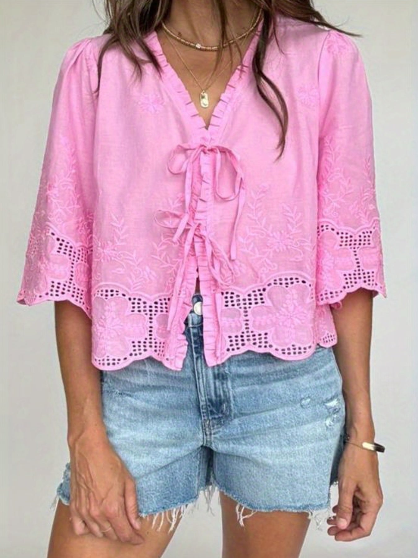 Women's Pink Cropped Blouse - V-Neck Tie Detail & Bubble Sleeves Retro Romantic Top, Short Sleeve Non-Stretch Shirt for Casual Daily Wear & Holiday Outfits, Elegant Special Collection