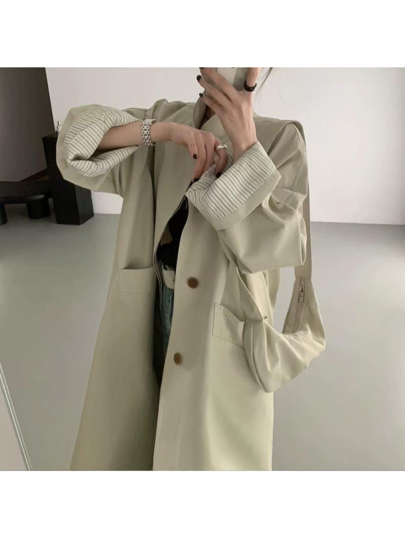 Women's Korean-Style Oversized Trench Coat - Beige with Dark Brown Button Closure, Belt-Accent Collar, All-Season Long Coat for Petite & Short Women, Casual to Professional Wear (Hand Washable, 2025 New Model) by Ding Darwin