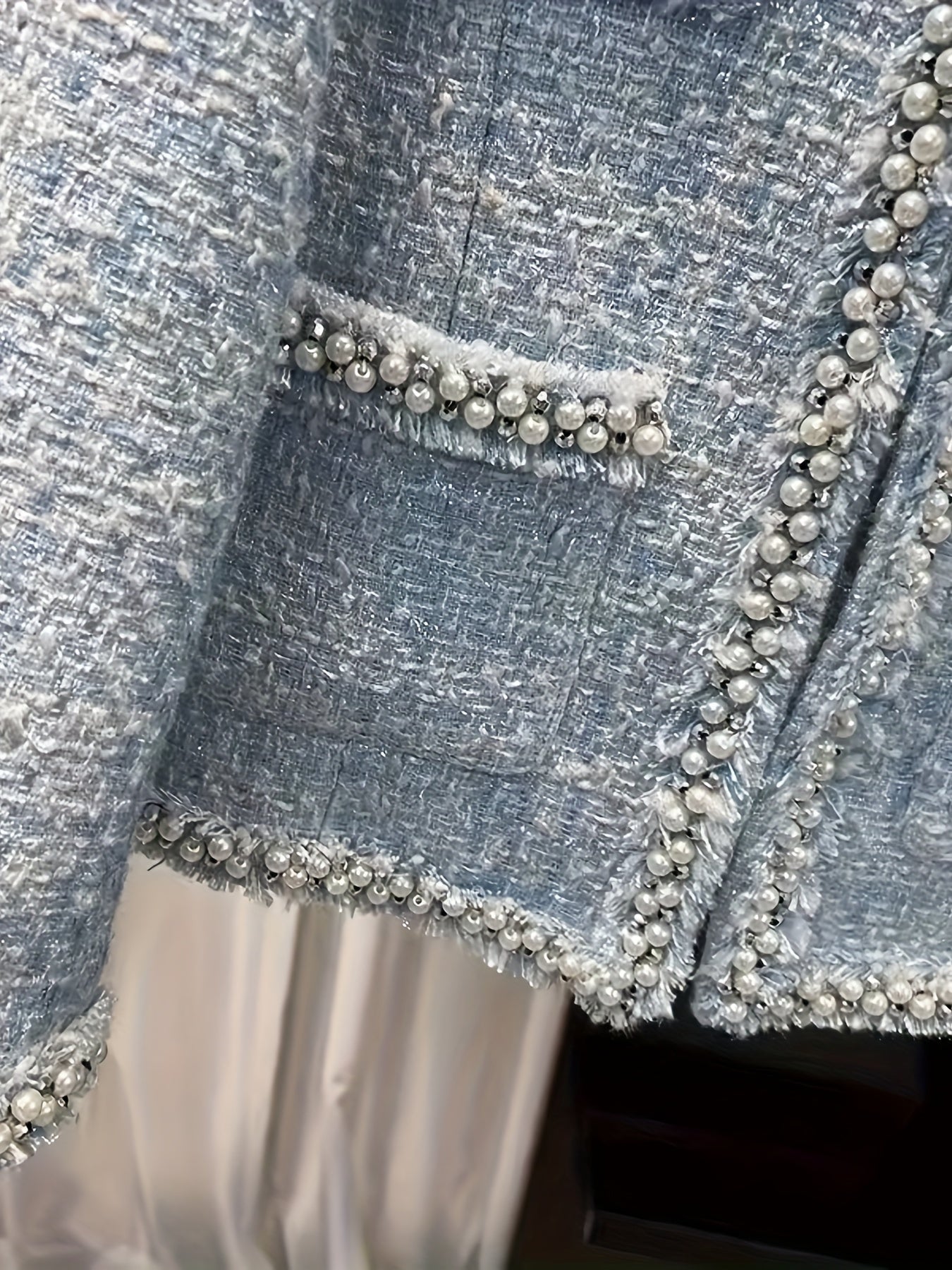 New Blue Round-Neck Jacket, French Style, Embellished with Handcrafted Beads, Versatile And Stylish Top, Model 220886-5.