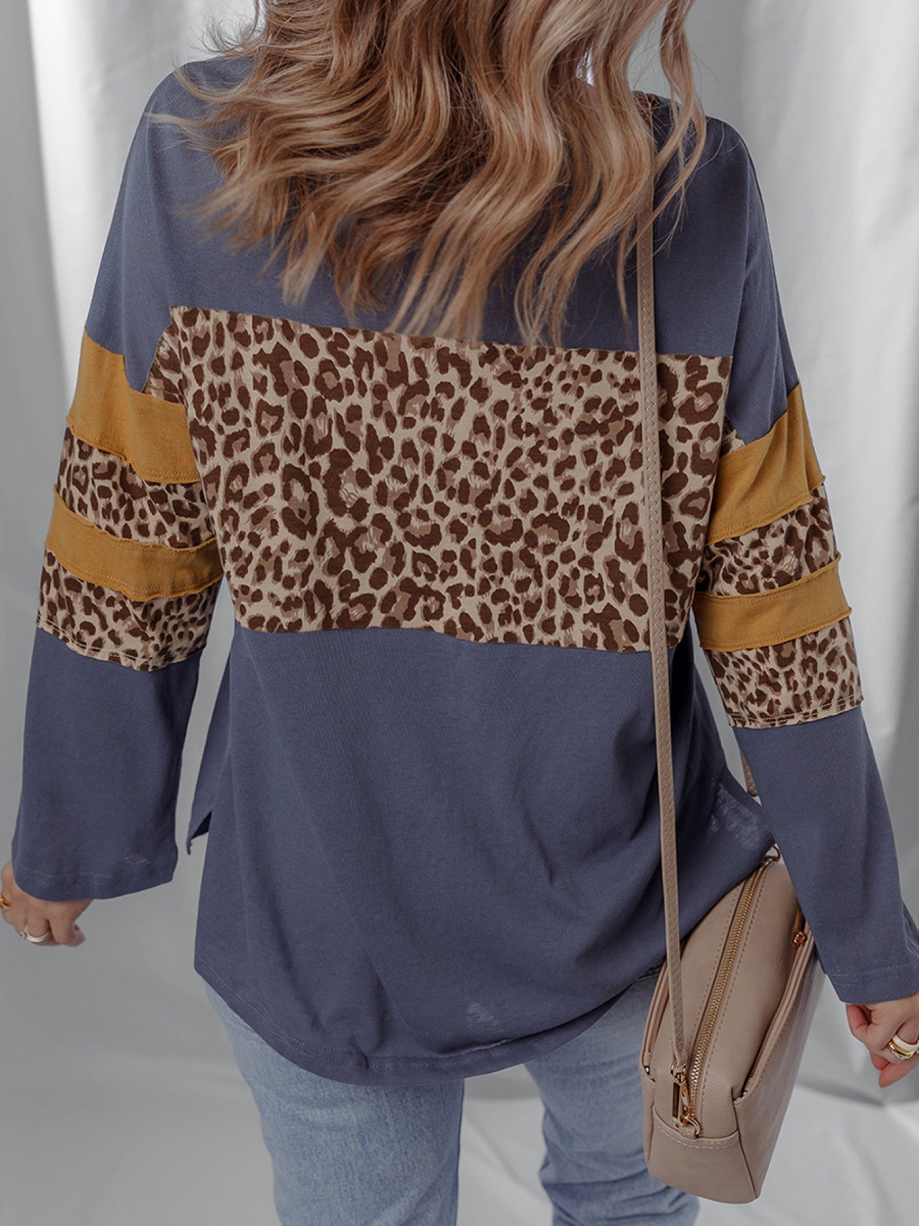 Women's Leopard Print Faux Collar Sweatshirt - Elegant Irregular Hem Long Sleeve Crewneck Pullover, Beige\u002FBrown\u002FTaupe Winter Sweater for Fall & Winter, Casual to Dressy Outfits (No-Stretch Fabric)