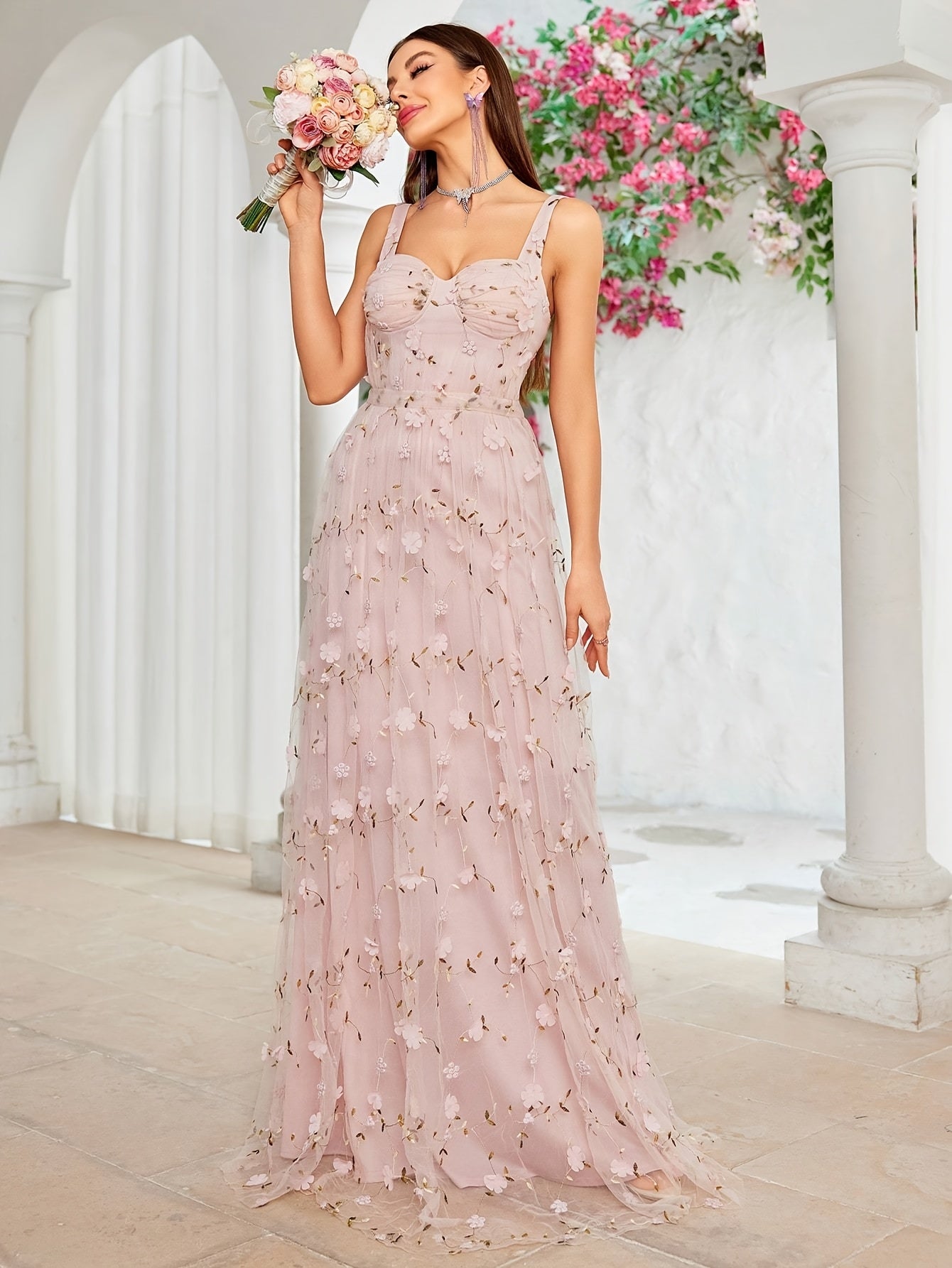 Women's Elegant Off-Shoulder 3D Floral Embroidery Dress with Lace Panels, Waist Folds & Flared A-Line Long Skirt - Hand Wash Only, All-Season Formal & Casual Wear, Special Occasion Gown, Sophisticated Style, Highquality Embroidery