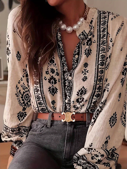 Women Floral V Neck Long Sleeve Blouse Summer Casual Loose Puff Sleeve Chiffon Top Work Boho Shirt