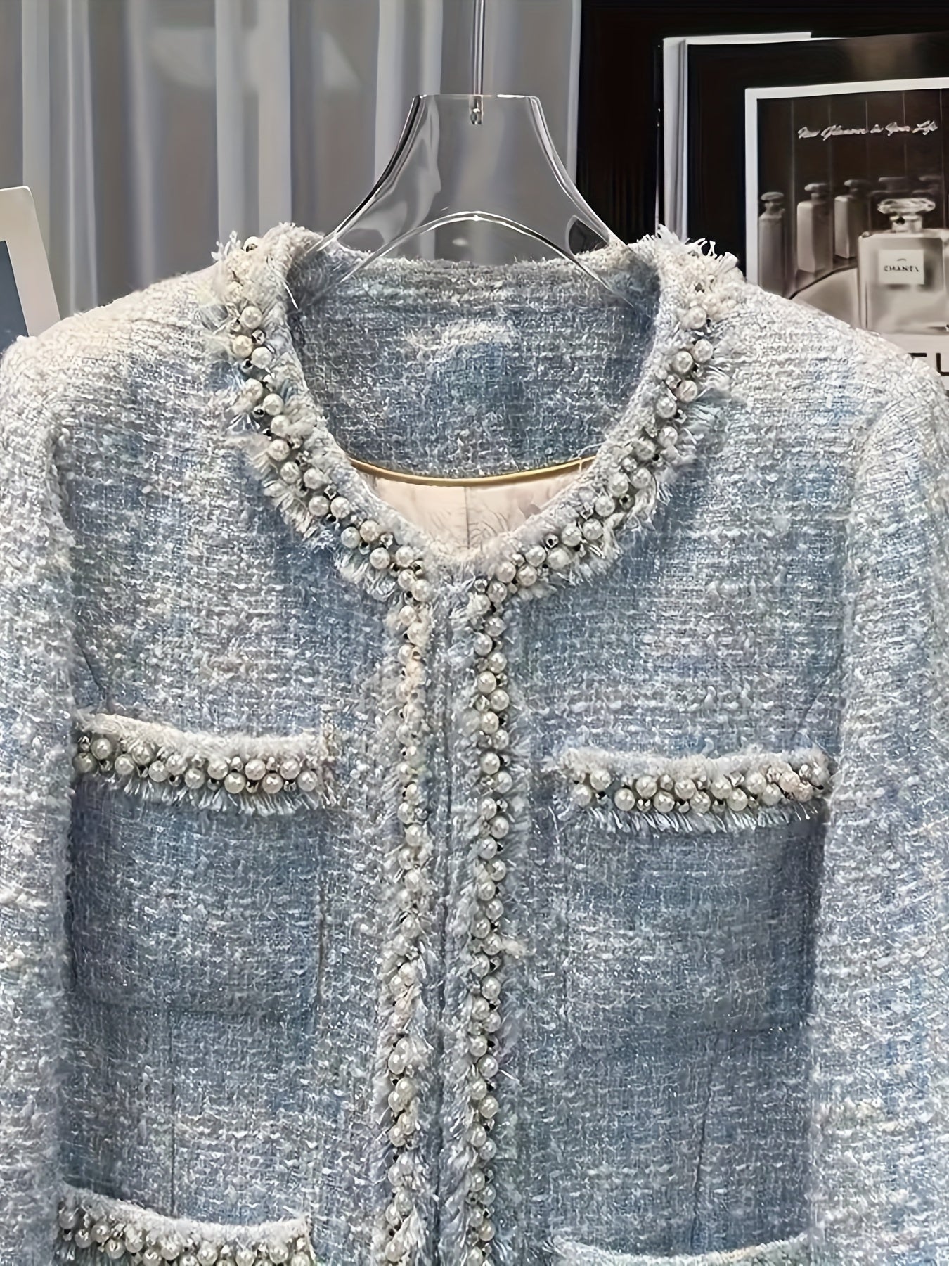 New Blue Round-Neck Jacket, French Style, Embellished with Handcrafted Beads, Versatile And Stylish Top, Model 220886-5.