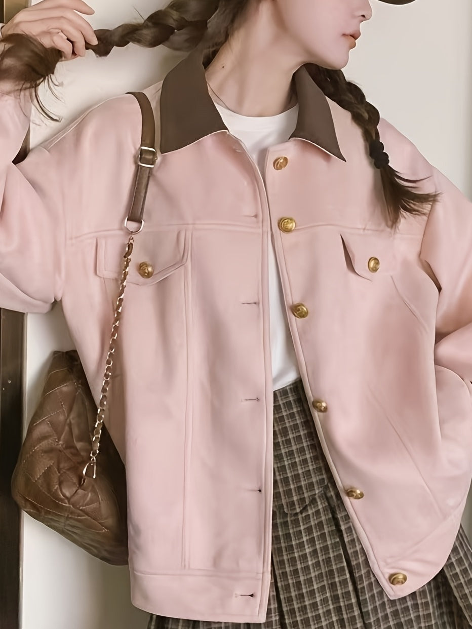 Pink Women's Casual Cargo Jacket - Loose Fit, Button-Up with Collar, Long Sleeve Outerwear for Spring & Fall, Retro Style, Polyester Material, Spring Jacket | Preppy Look | Golden Button Details