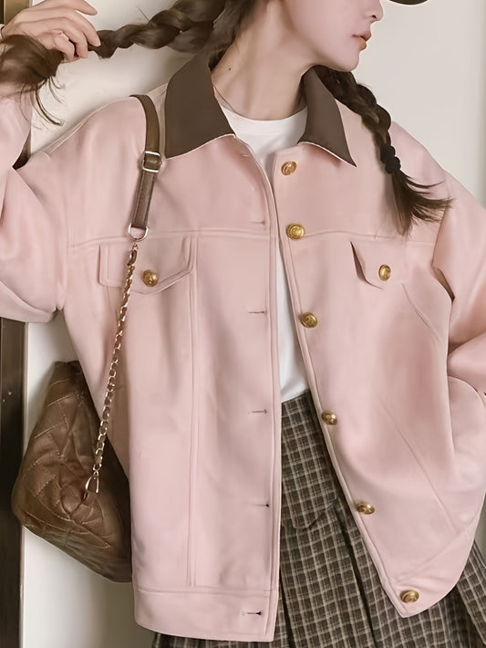 Pink Women's Casual Cargo Jacket - Loose Fit, Button-Up with Collar, Long Sleeve Outerwear for Spring & Fall, Retro Style, Polyester Material, Spring Jacket | Preppy Look | Golden Button Details