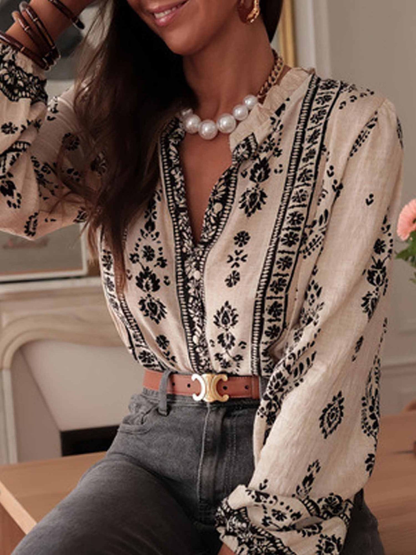 Women Floral V Neck Long Sleeve Blouse Summer Casual Loose Puff Sleeve Chiffon Top Work Boho Shirt