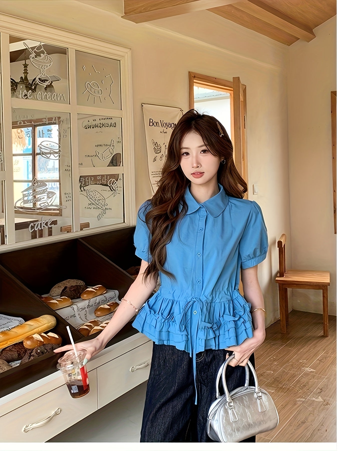 1pc Women's Elegant Ruffled Stand Collar Blouse - Slim Fit Short Sleeve Summer Top with Adjustable Drawstring Waist, Solid Color Casual to Formal Shirt, Everyday Stylish Wear, Smooth Texture Fabric, Quality Casualwear
