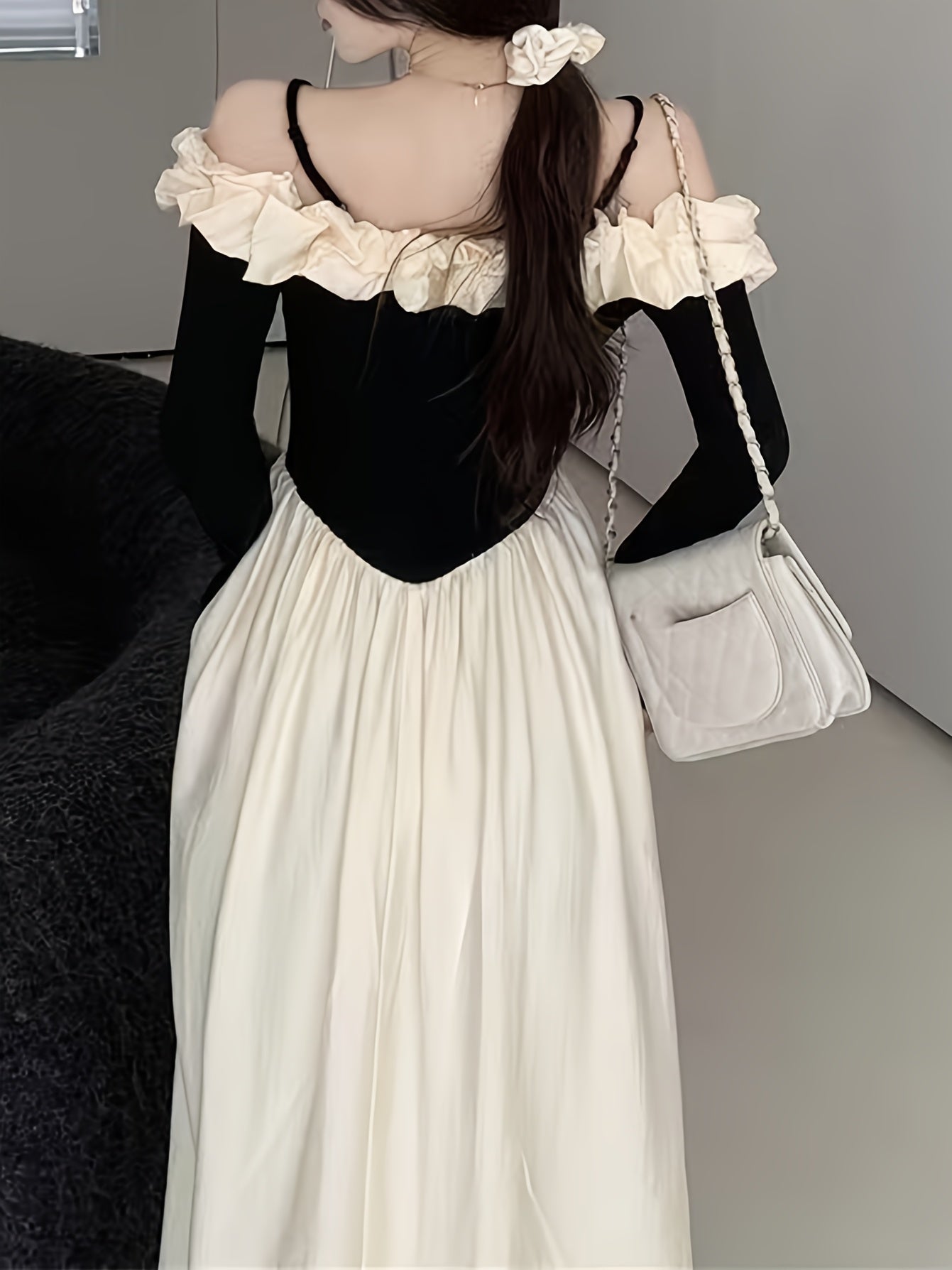 Cute Polyester Dress Polyester Off-the-Shoulder Long Sleeve Dress | Cute Exaggerated Ruffle and Fit and Flare Silhouette - Perfect for Adult Spring\u002FSummer\u002FFall