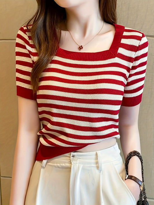 Striped Pattern Square Neck Top, Spring Summer Casual Short Sleeve Blouse, Women's Clothing