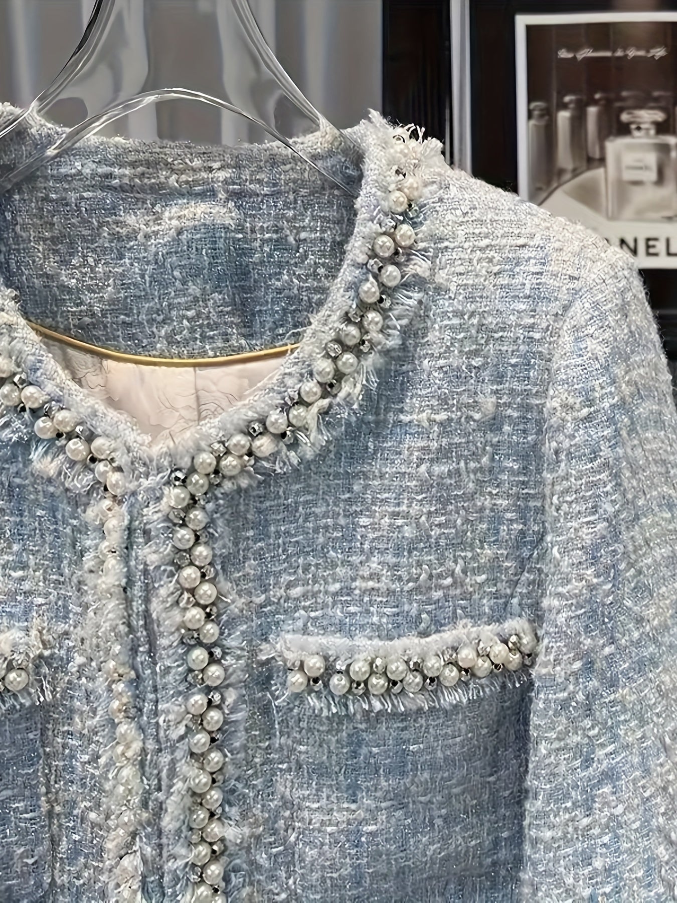New Blue Round-Neck Jacket, French Style, Embellished with Handcrafted Beads, Versatile And Stylish Top, Model 220886-5.