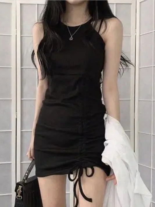 Women's Mini Bodycon Dress - Sleeveless Solid Color Drawstring Summer Party Casual Dress, Sexy Polyester Stretch Fabric, Machine Washable, Spring\u002FSummer\u002FFall Wear