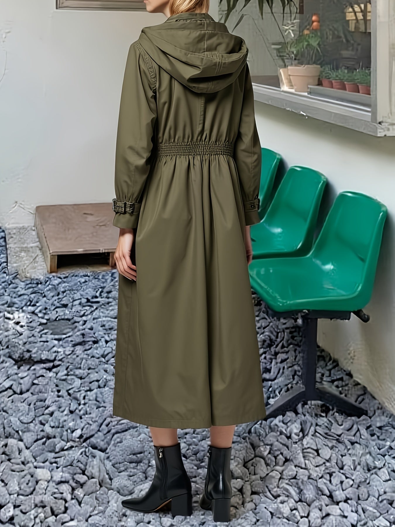 Solid Color Women's Elegant Mid-Length Hooded Windbreaker Jacket - Versatile Spring Outerwear with Waistband, Hand Washable, Middle East Collection, Semiformal Attire, Fitted Waist Design, Detailed Sleeve Design