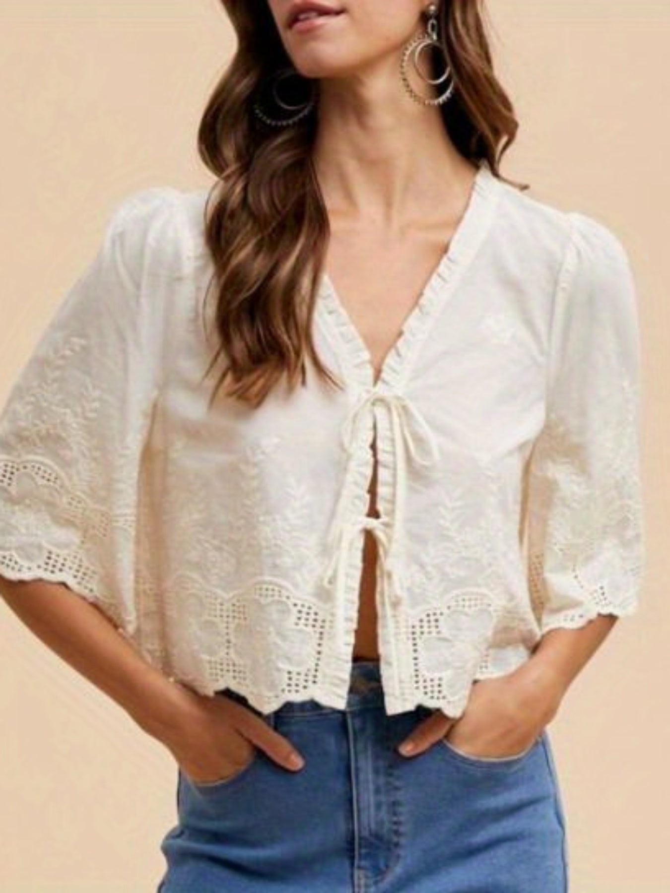 Women's Pink Cropped Blouse - V-Neck Tie Detail & Bubble Sleeves Retro Romantic Top, Short Sleeve Non-Stretch Shirt for Casual Daily Wear & Holiday Outfits, Elegant Special Collection