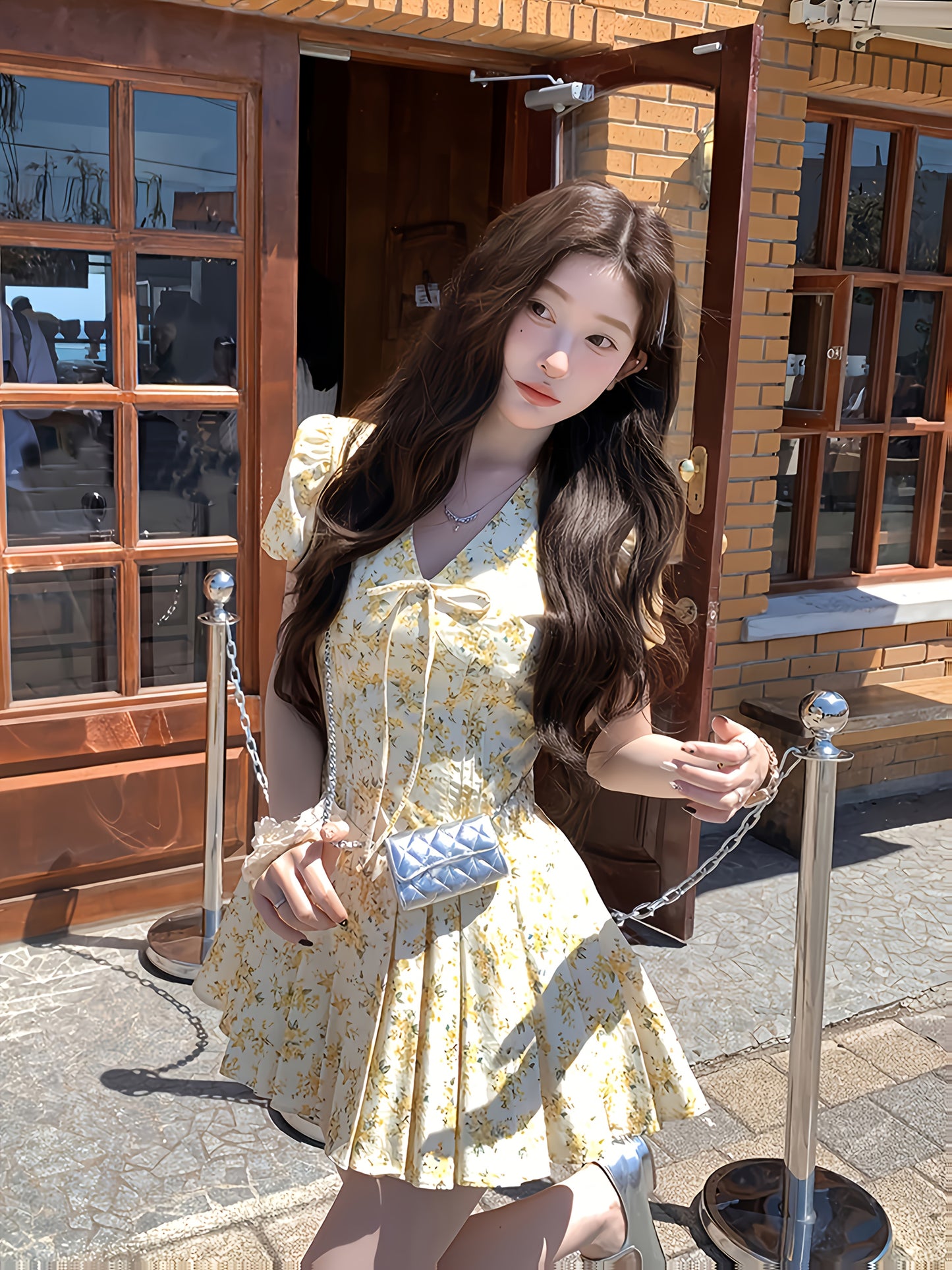 Women's Light Yellow Floral - V-Neck with Adjustable Waist Tie, A-Line Flared Skirt, Machine Washable Party & Everyday Dress for Brunch, Office, Formal Events - Non-See-Through Fabric, Elegant Skirts And Tops, Brunch Attire