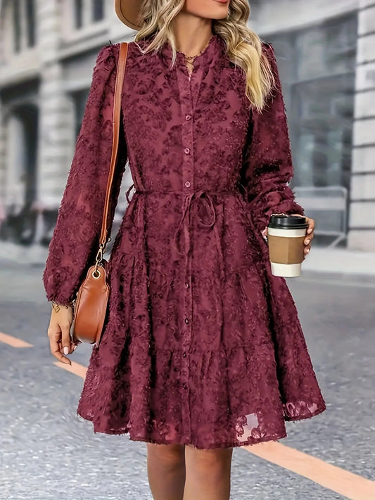 Women's Elegant Burgundy Off-Shoulder\u002FBoat Neck Long Sleeve Mini Dress - A-Line Fitted Short Cocktail Party Wedding Guest Dress, All-Season Frock with Short (No) for Year-Round Wear, Machine Washable