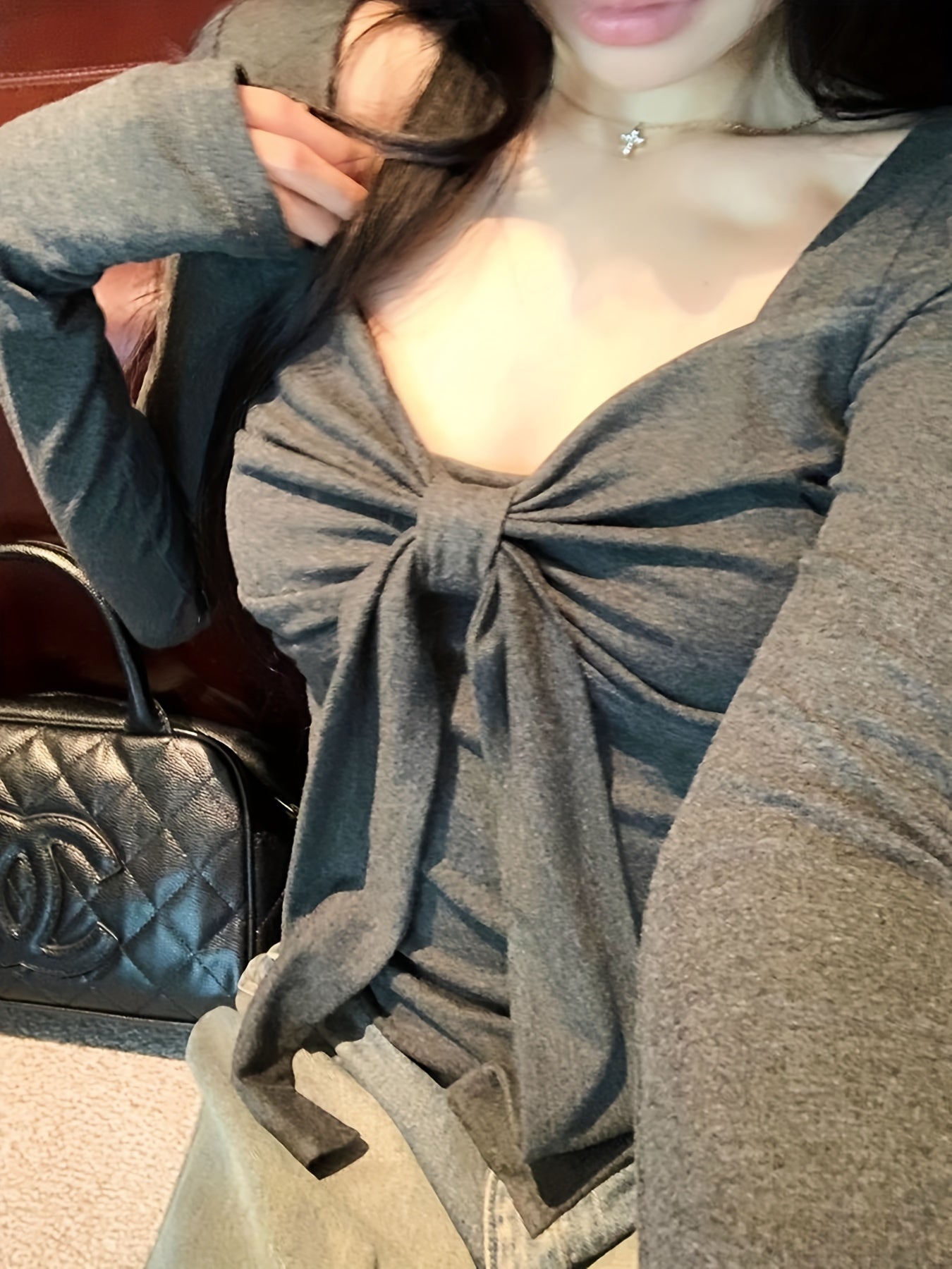 Chic French-Inspired Bow Tie Long Sleeve Crop Top for Women - Slim Fit, Ruched Design, Soft & Stylish, Perfect for Spring\u002FFall, Solid Color, Versatile Layering Piece, Autumn Chic Top | Chic Long Sleeve Top | Ruched Detailing