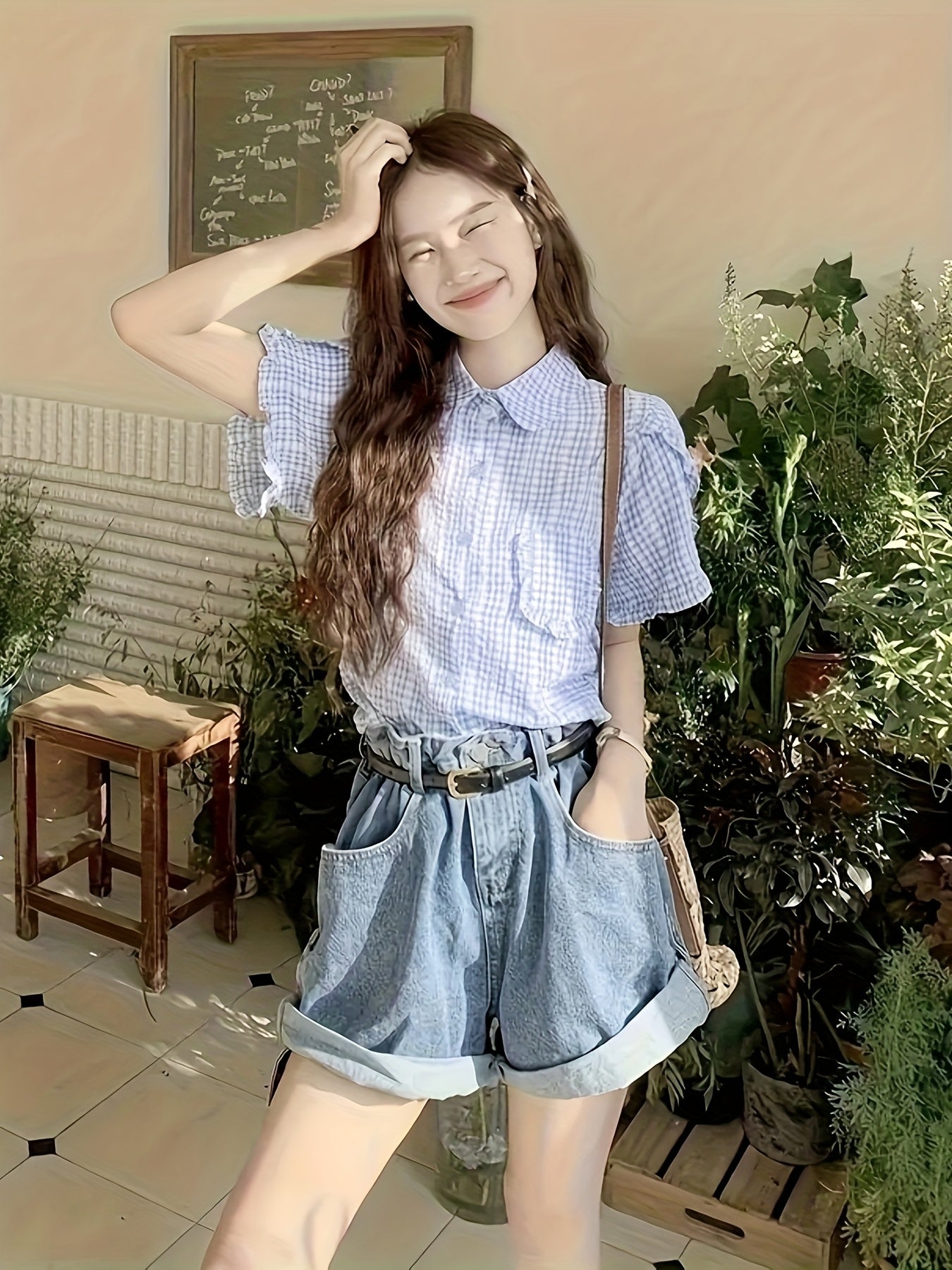 Chic Blue & White Gingham Short Sleeve Blouse with Ruffled Edges - Cute Crew Neck, Button-Up Shirt for Women, Perfect for Summer, Casual or Stylish Outfits, Ladies Blouses