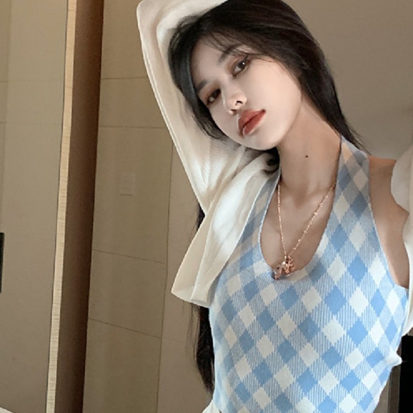 Women's Red and White Gingham Halter Crop Top - Sleeveless, Backless, Asymmetrical Cut, Summer Streetwear Tank Top, Ladies Tank Tops