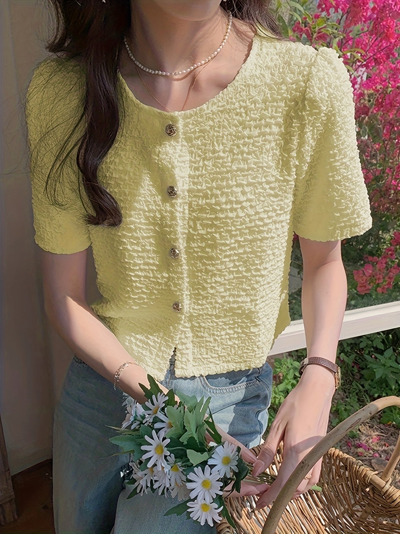 Summer New Unique And Beautiful Women'S French Style Shirt, Round Neck Short Sleeve, Button Up, Regular Fit, No Belt, No Padding, for Spring\u002FSummer\u002FFall