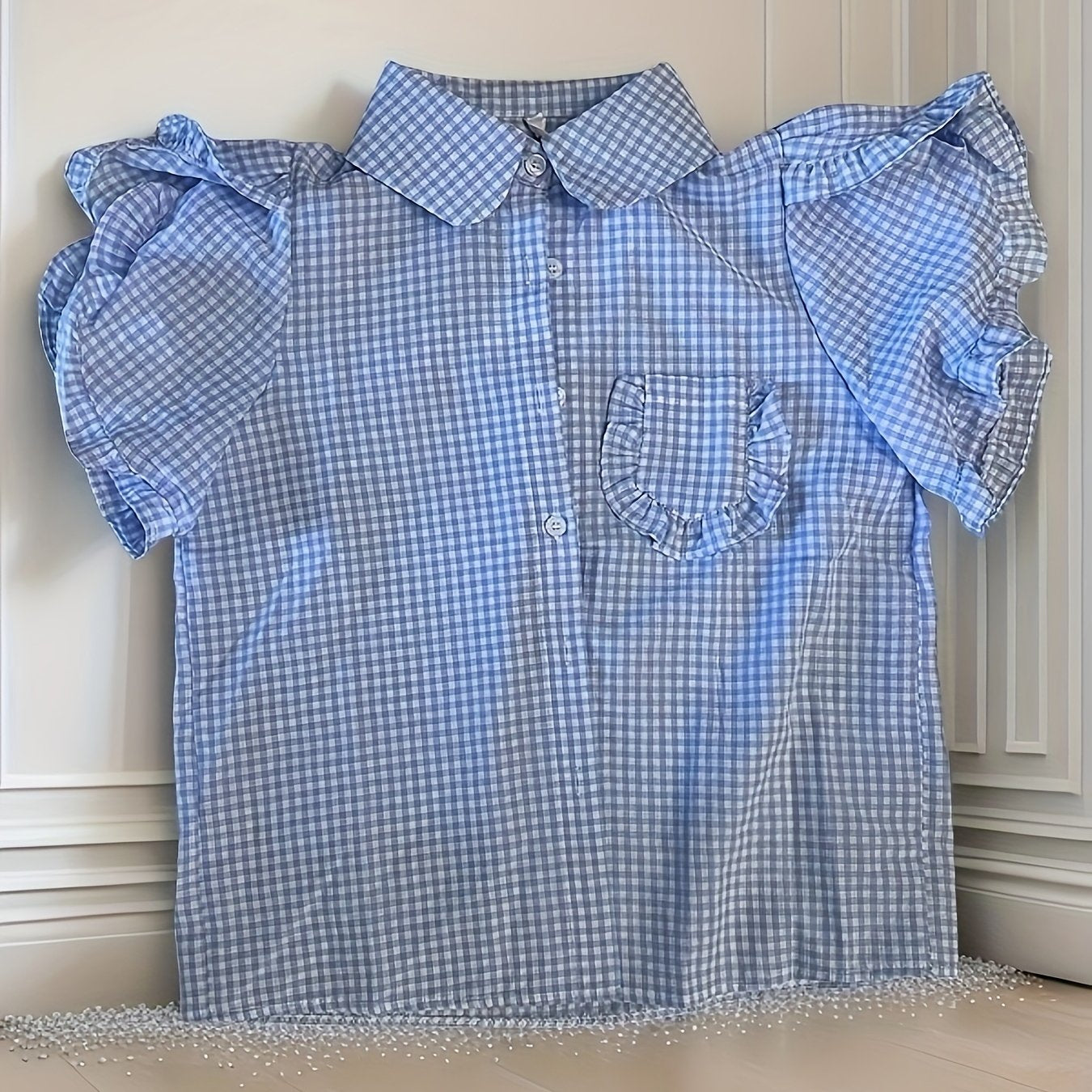 Chic Blue & White Gingham Short Sleeve Blouse with Ruffled Edges - Cute Crew Neck, Button-Up Shirt for Women, Perfect for Summer, Casual or Stylish Outfits, Ladies Blouses