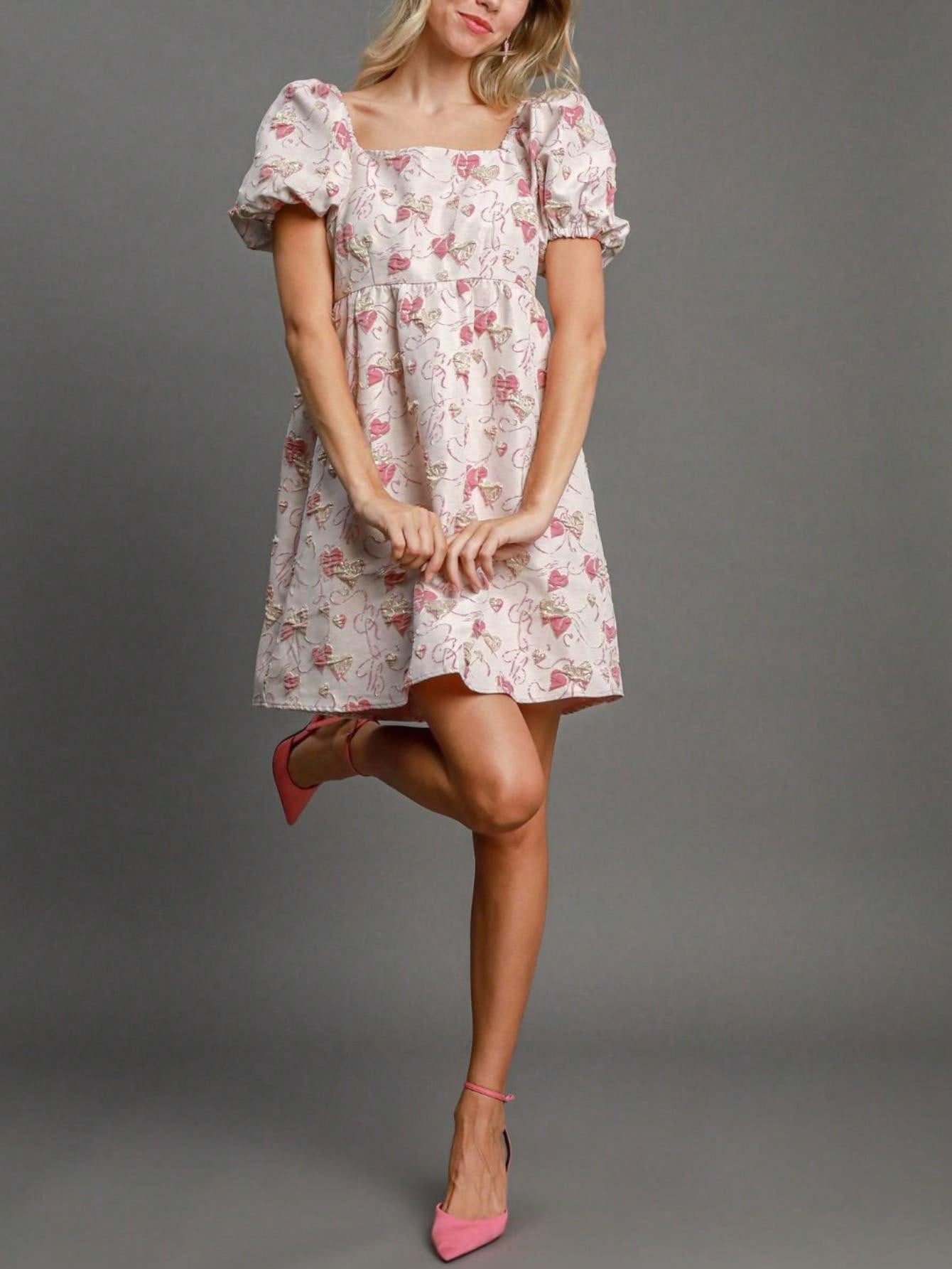 Women's Casual Babydoll Dress Cute Heart Jacquard Mini Dress Pink White Lightweight Textured Fabric Square Neck Puff Short Sleeves High Empire Waist Perfect For Spring\u002FSummer\u002FFall Bridal Showers Daytime Events Celebrations
