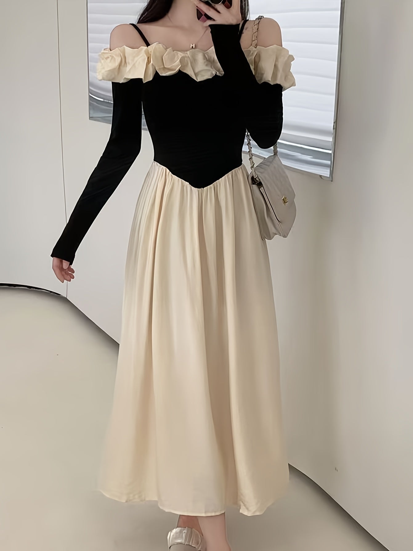 Cute Polyester Dress Polyester Off-the-Shoulder Long Sleeve Dress | Cute Exaggerated Ruffle and Fit and Flare Silhouette - Perfect for Adult Spring\u002FSummer\u002FFall